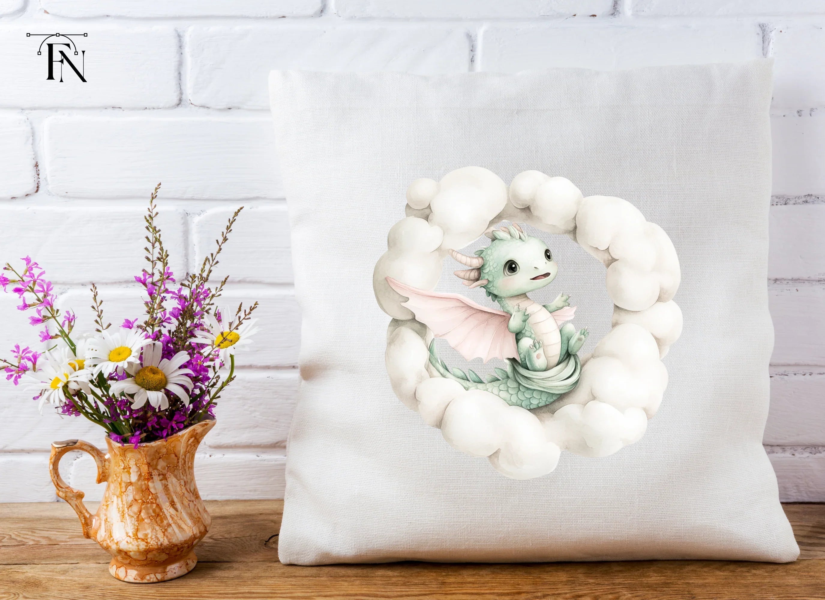 Sweet Green Baby Dragon in Clouds Clipart Bundle