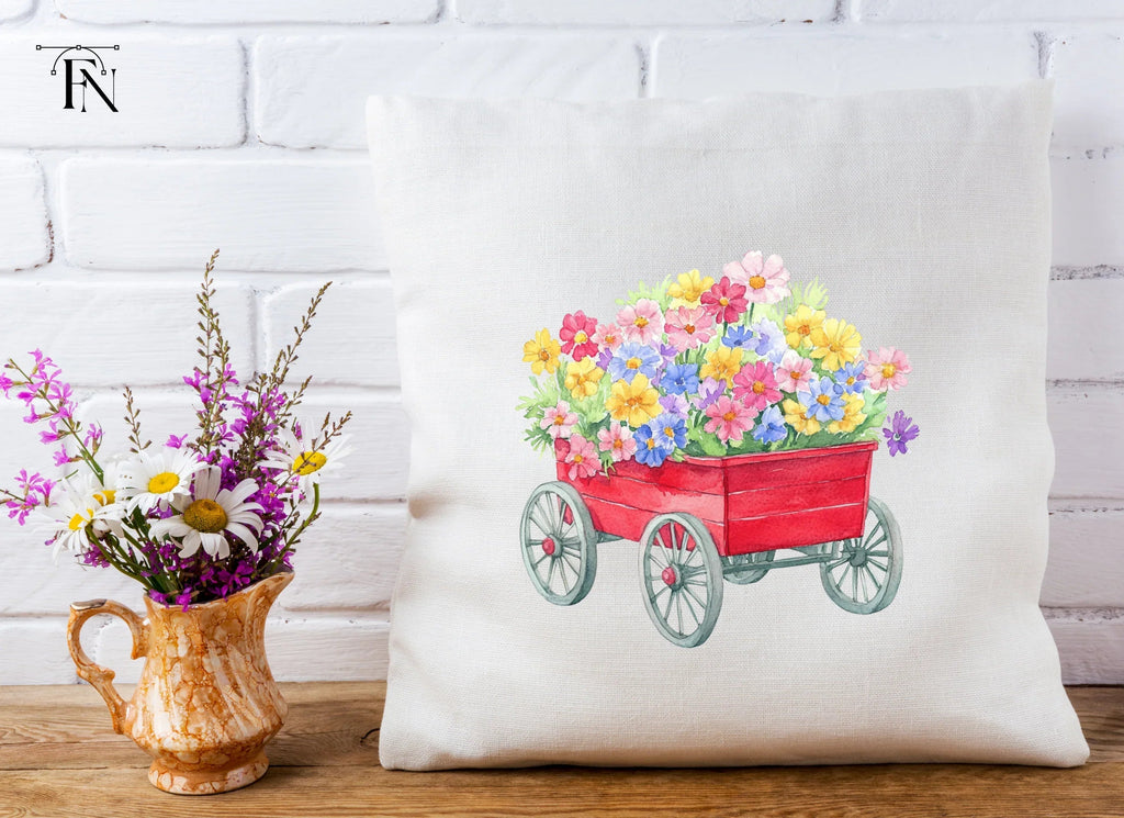 Red Wagon with Spring Flowers Clipart Bundle