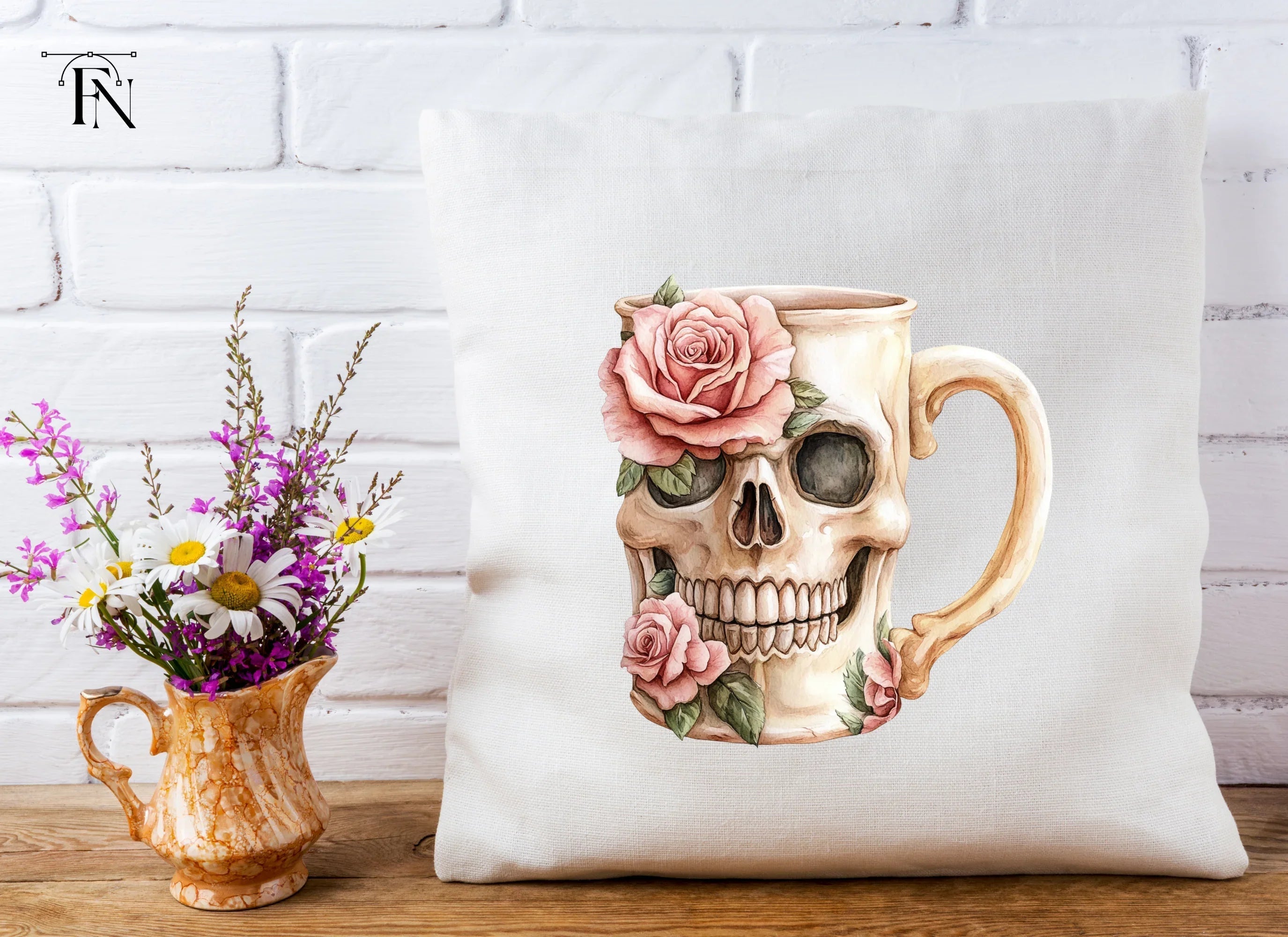 Skull with Pink Roses Clipart Bundle