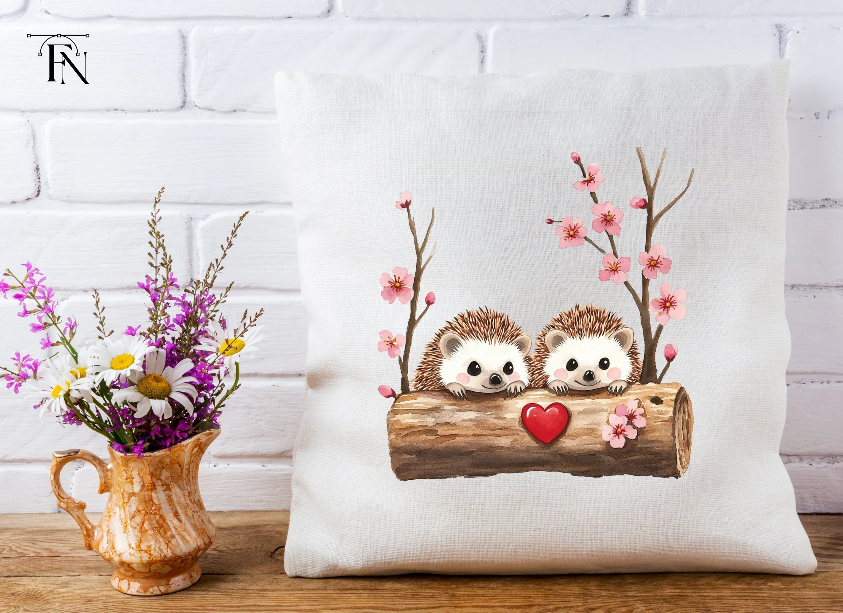Hedgehogs in Log with Cherry Blossoms Clipart Bundle