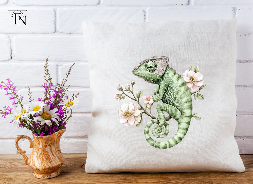 Chameleon on Branch with Pink Flowers Clipart Bundle
