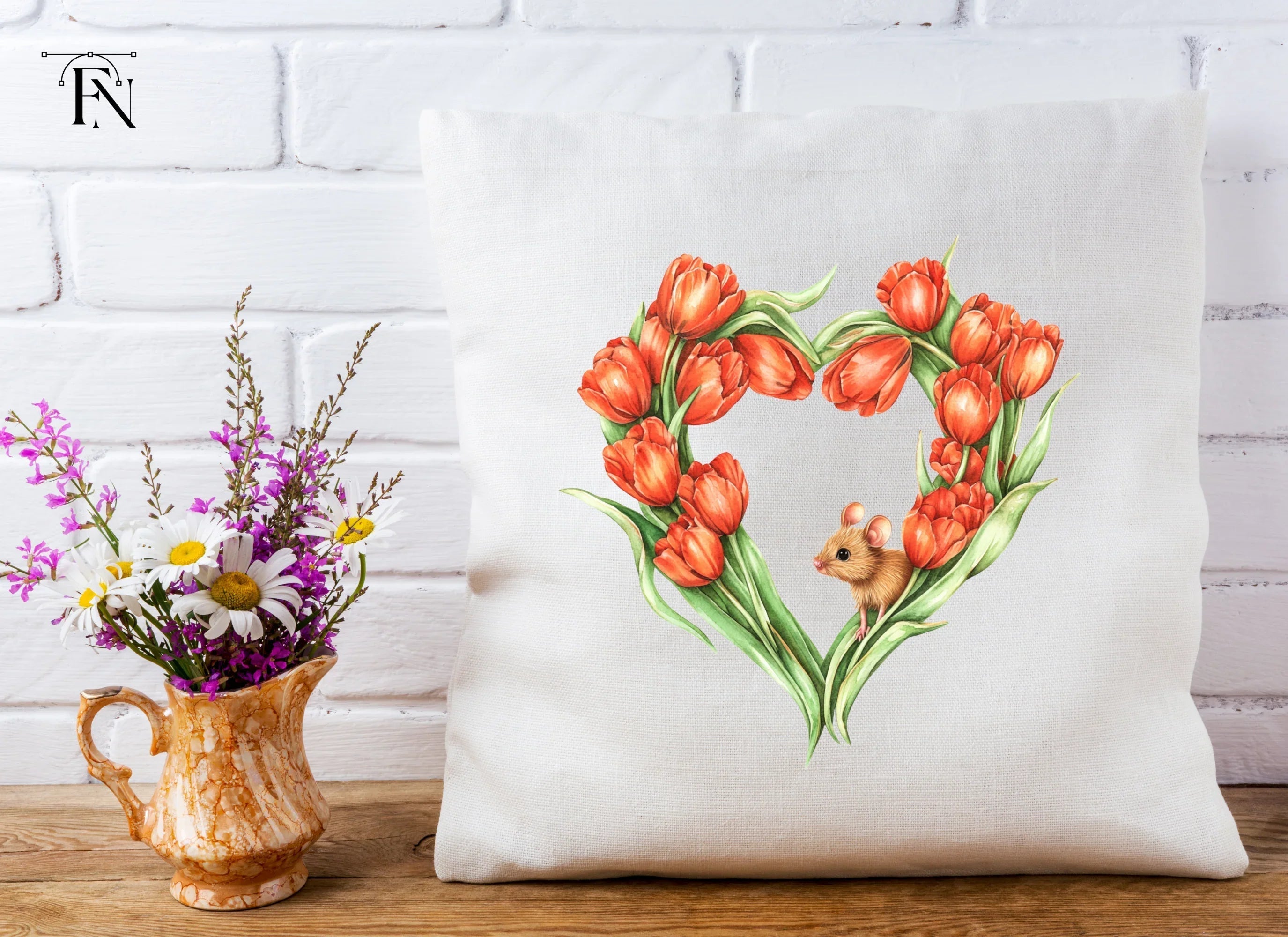 Tulip Heart with Cute Mouse Clipart Bundle