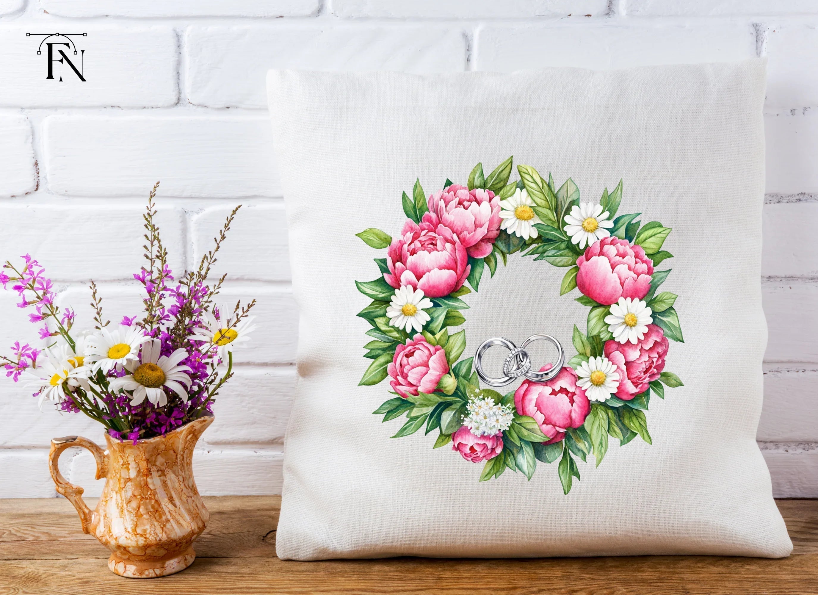Pink Peony and Daisy Wedding Wreath Clipart Bundle