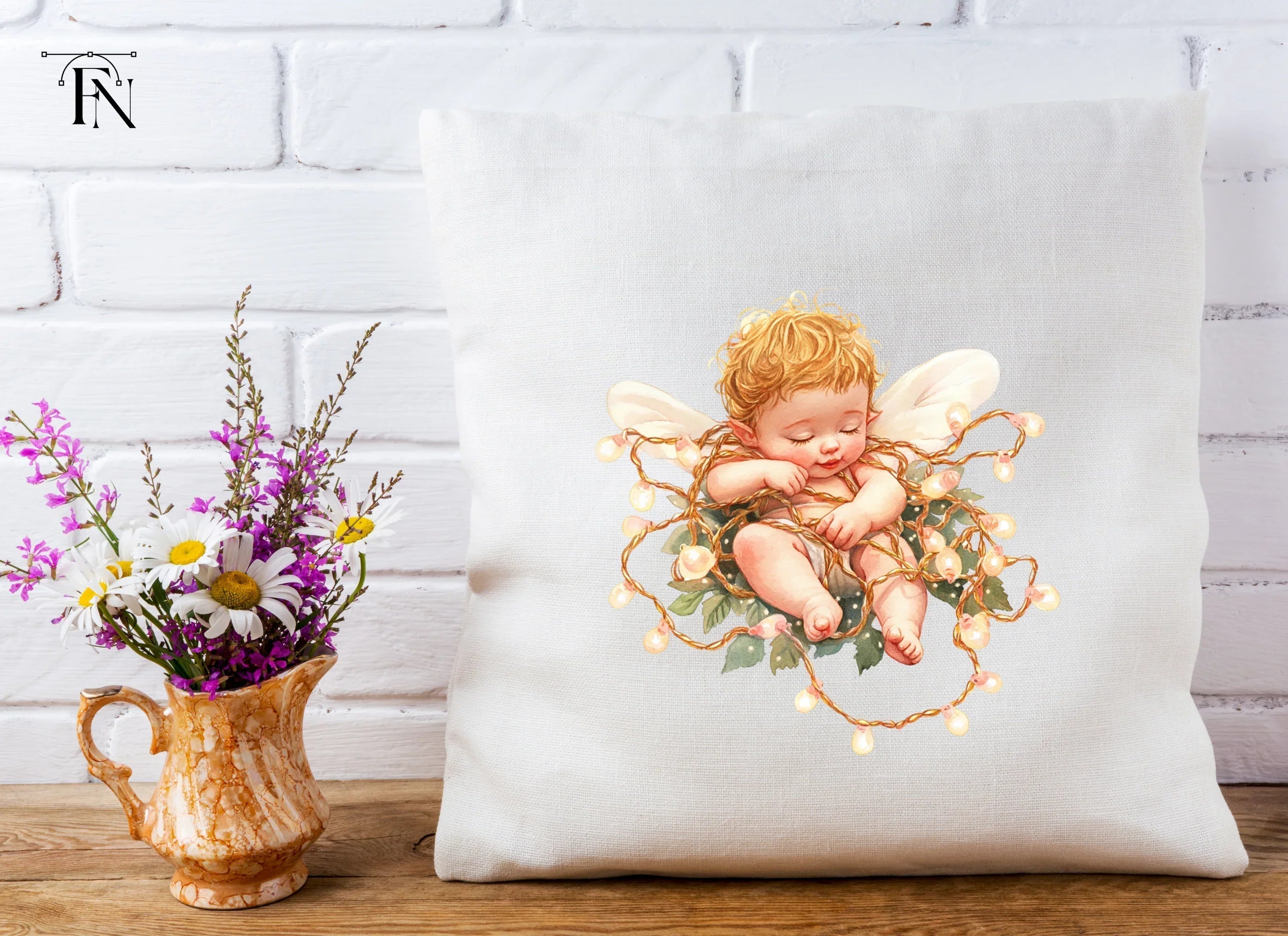 Sleeping Baby Angel with Fairy Lights Clipart Bundle