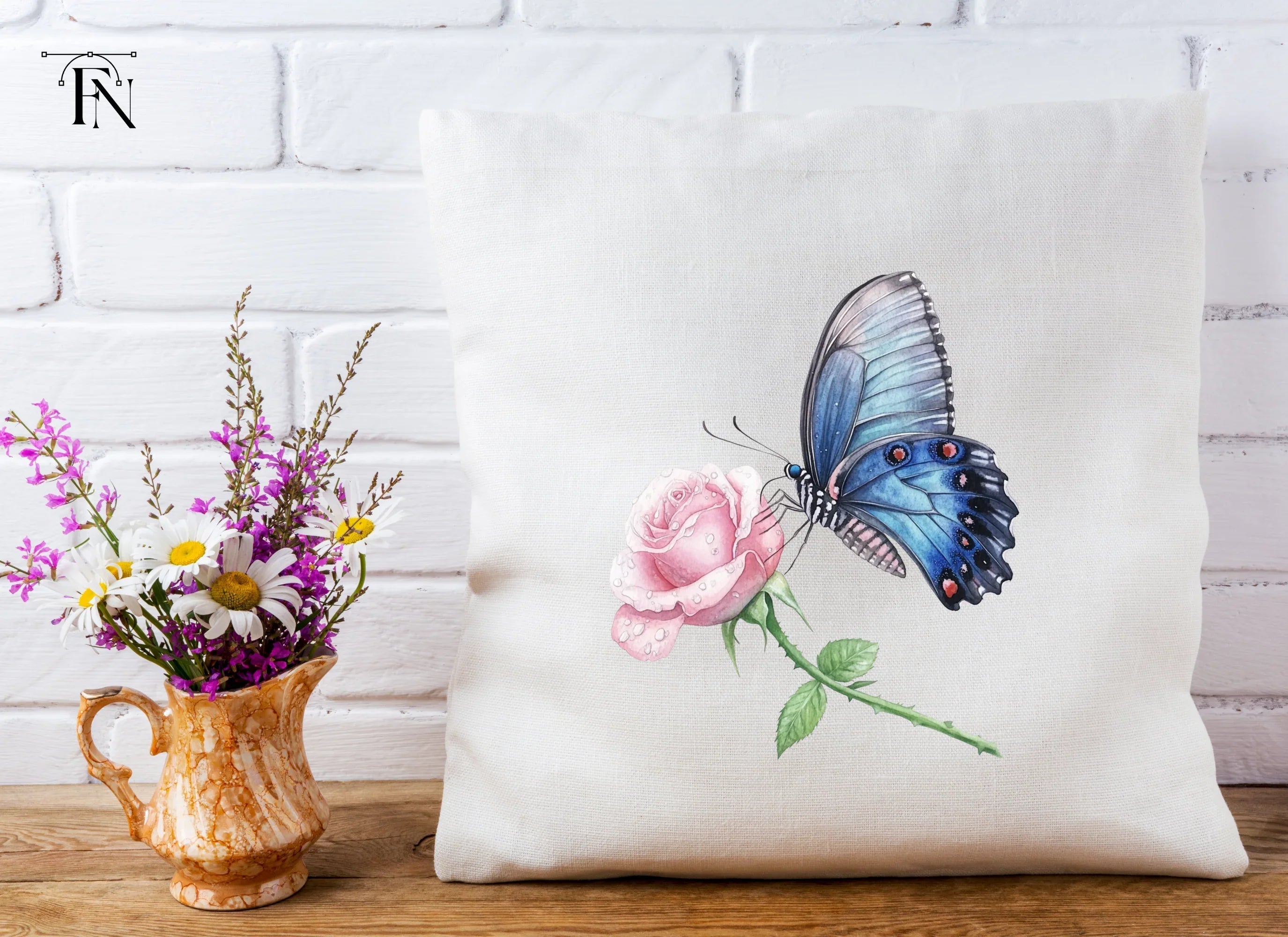 Blue Butterfly Pink Rose Clipart Bundle