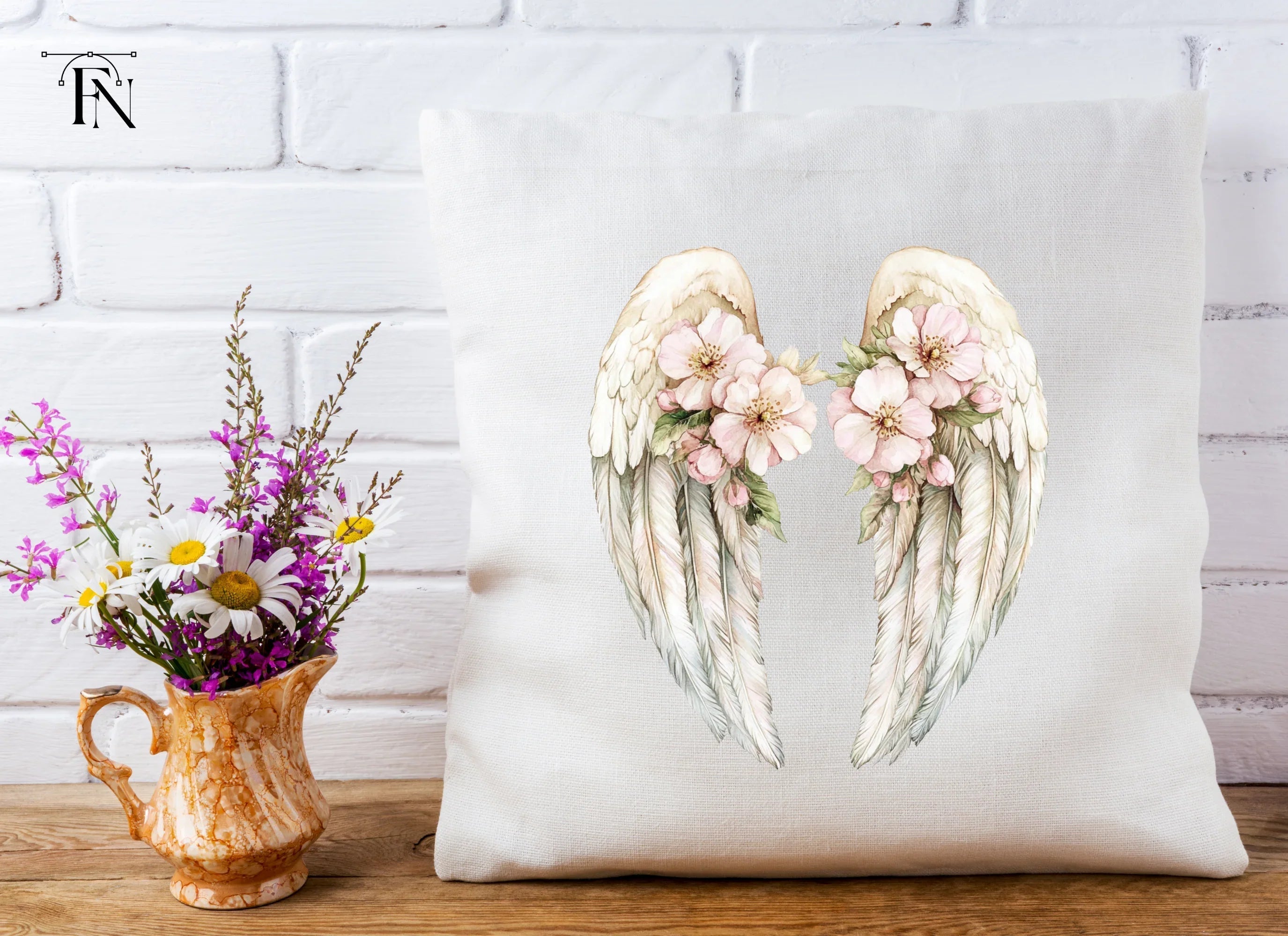 White Feathered Angel Wings with Flowers Clipart Bundle