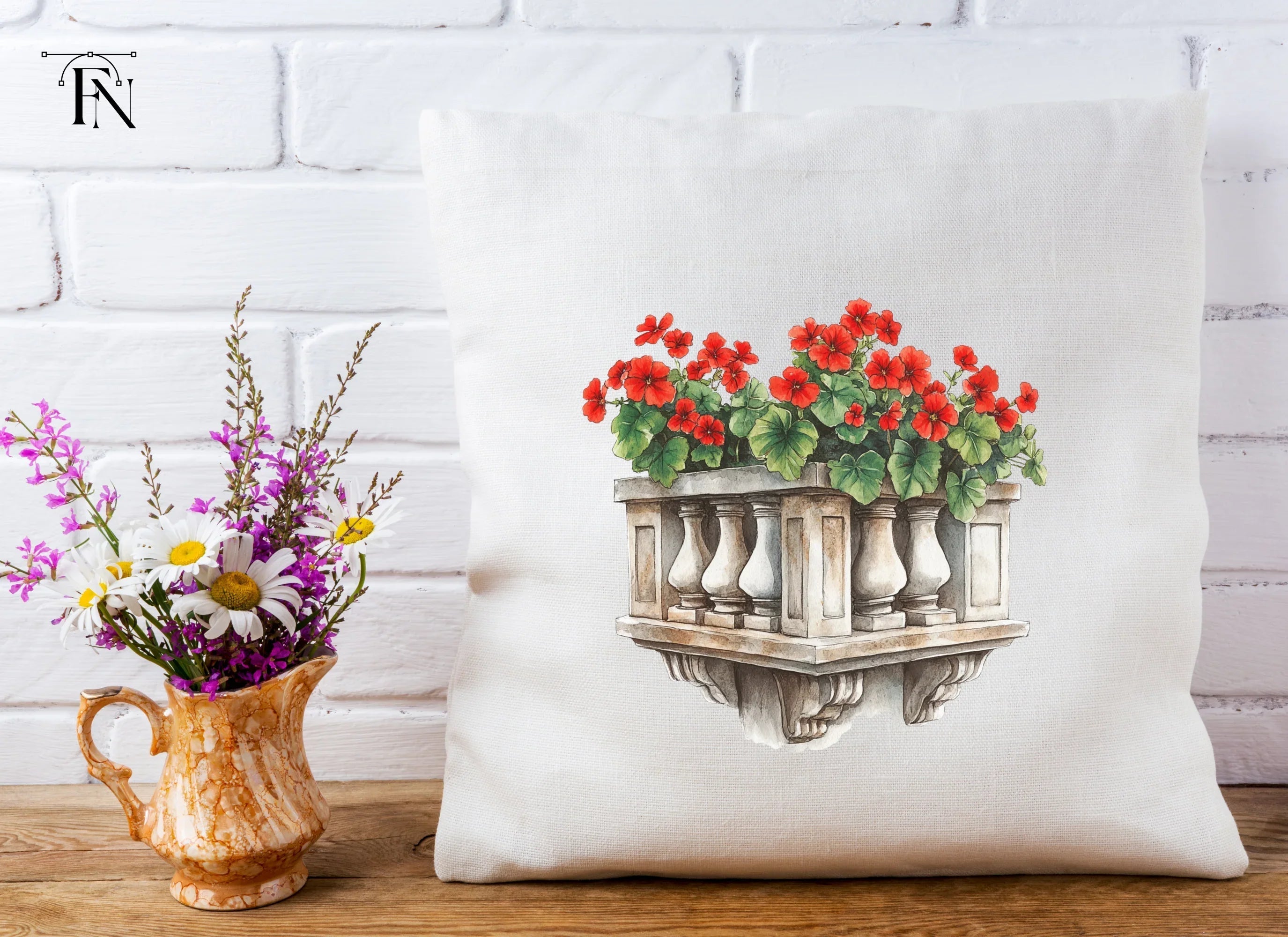 Balcony with Red Geraniums Clipart Bundle