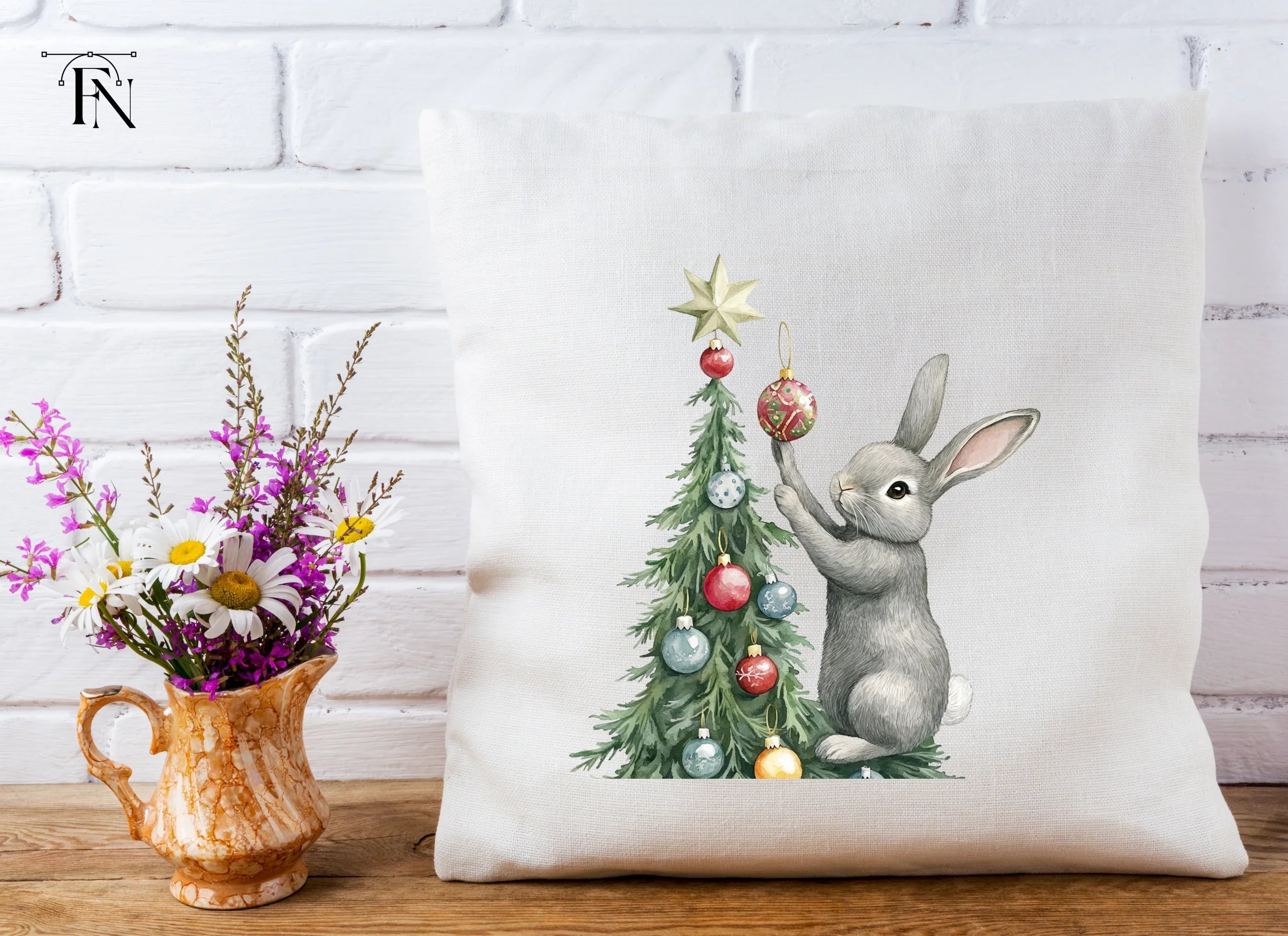 Gray Rabbit Holiday Tree Decorating Clipart Bundle