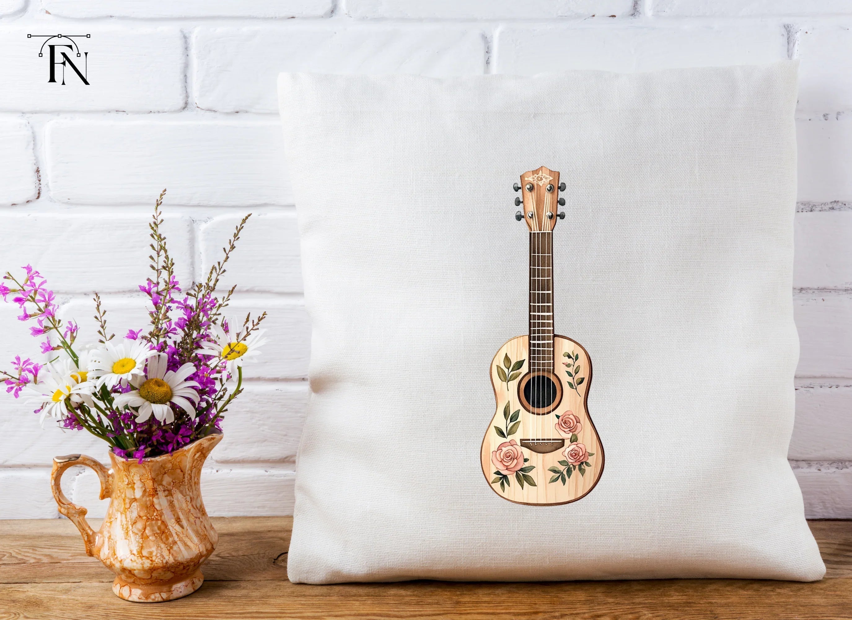 Rose Decorated Acoustic Guitar Clipart Bundle
