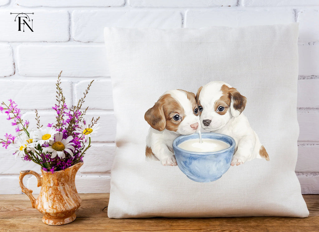 Adorable Puppy Pairs Drinking Milk Clipart Bundle