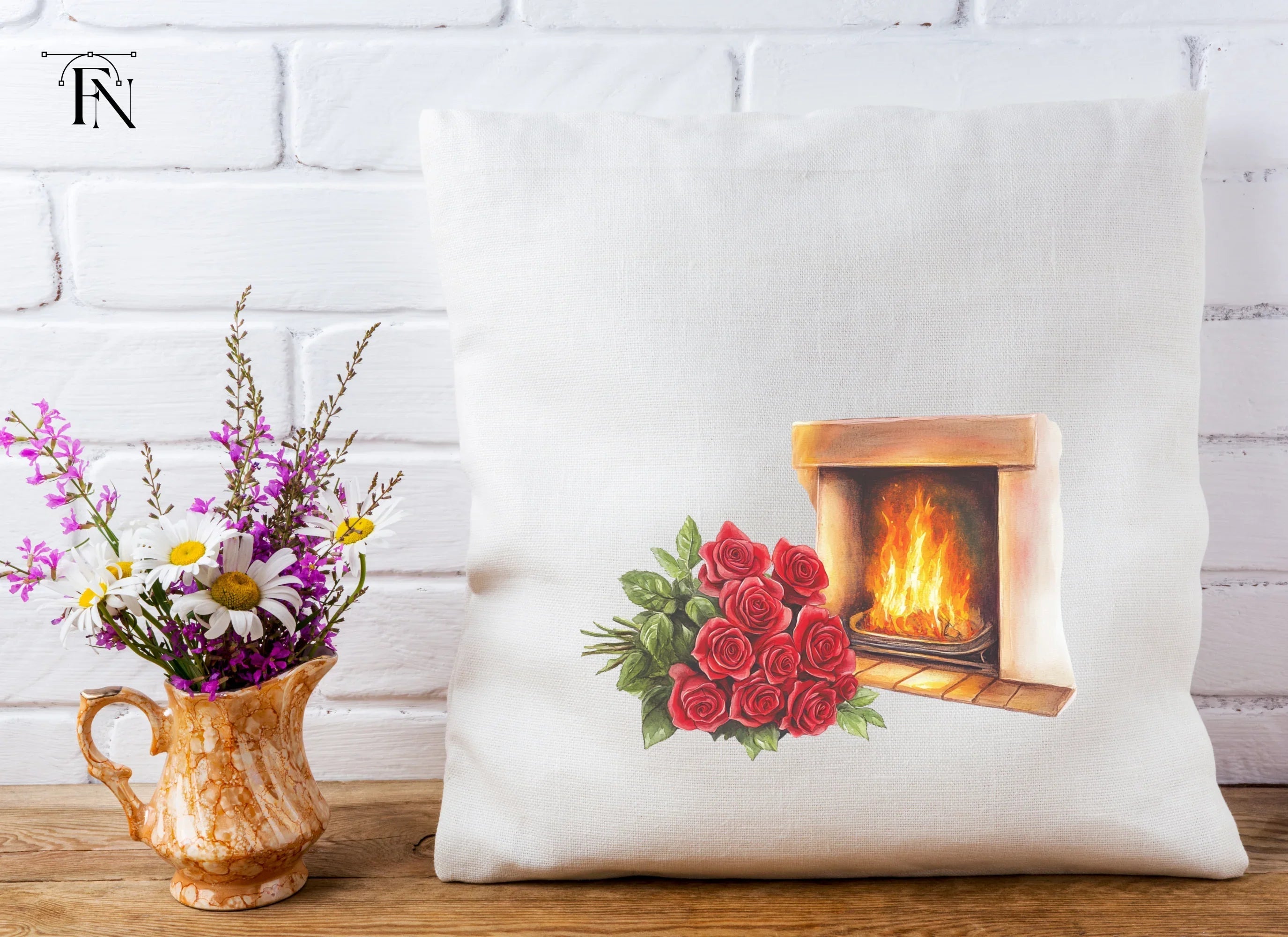 Cozy Fireplace with Red Roses Clipart Bundle