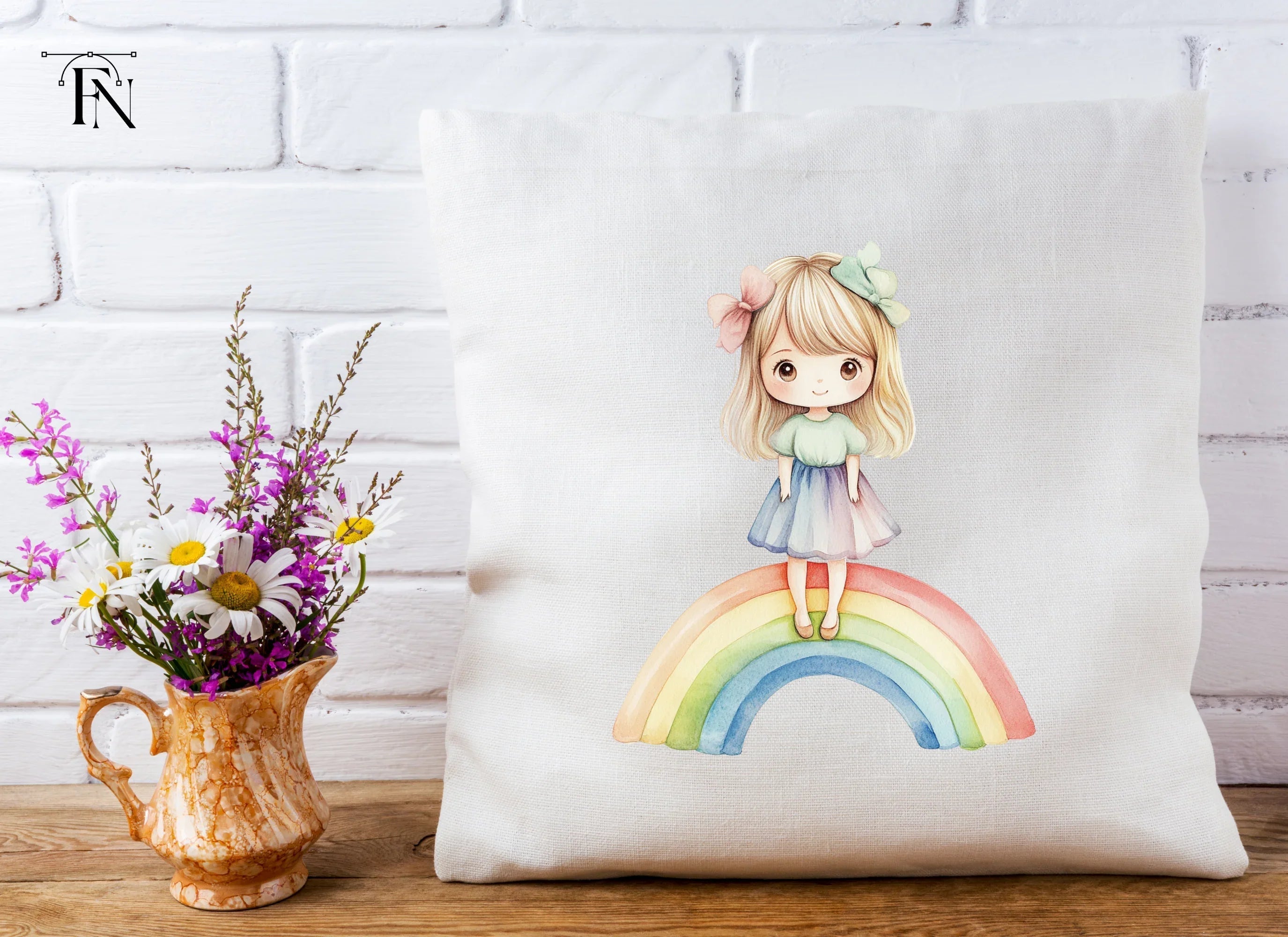 Adorable Girl Standing on Rainbow Clipart Bundle