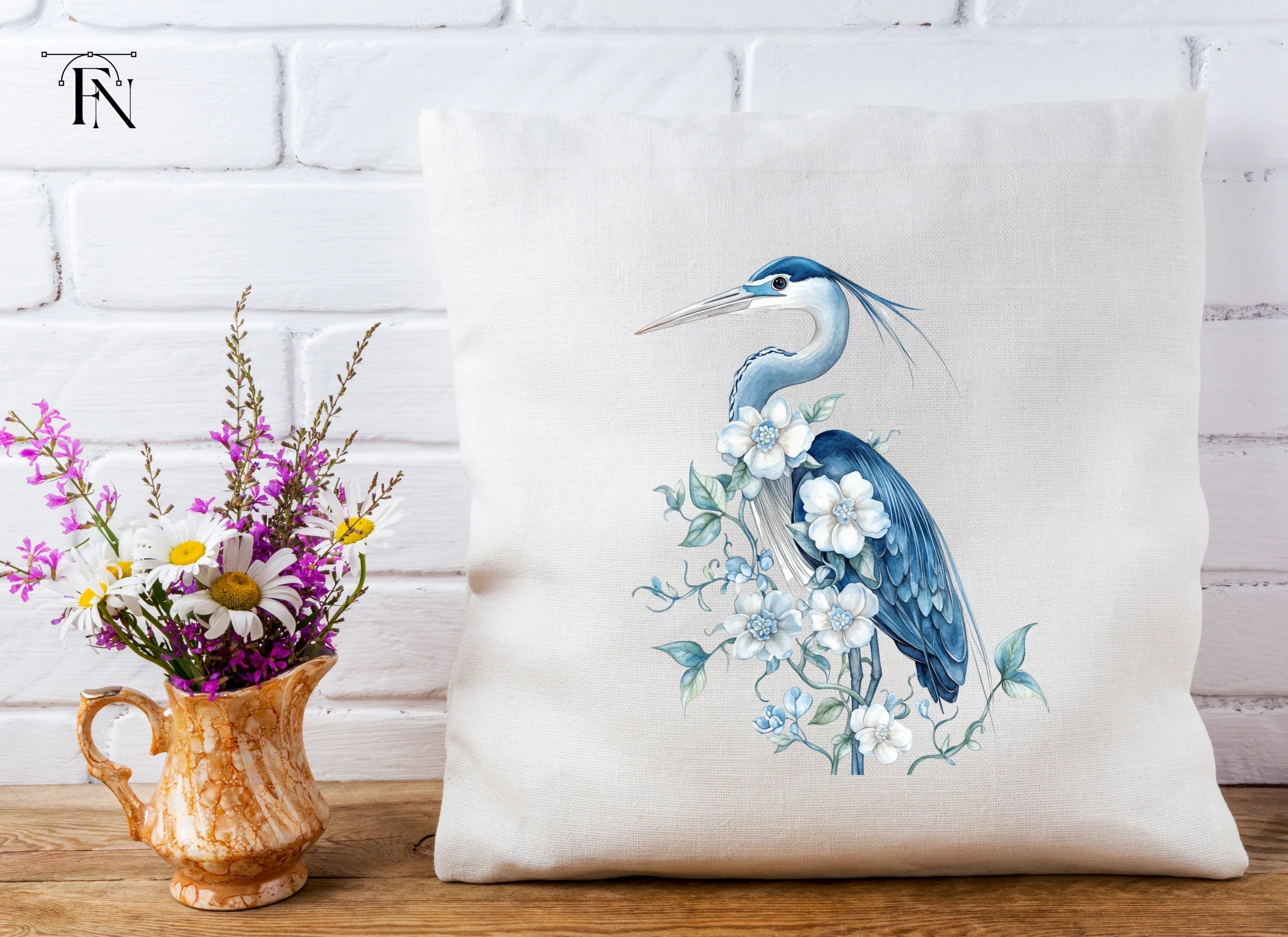Elegant Blue Heron with White Flowers Clipart Bundle