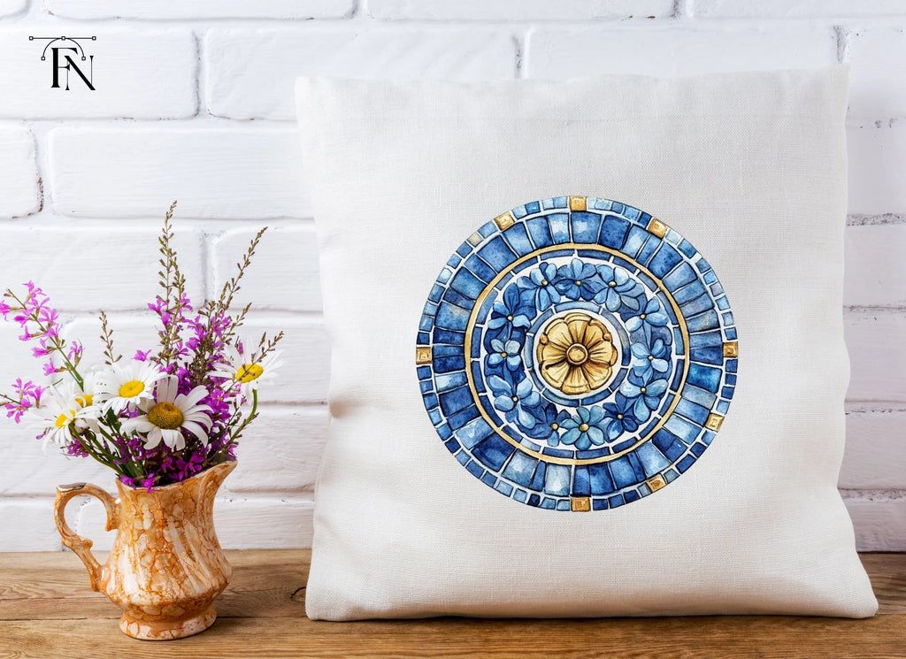 Blue Floral Mosaic Tile Clipart Bundle