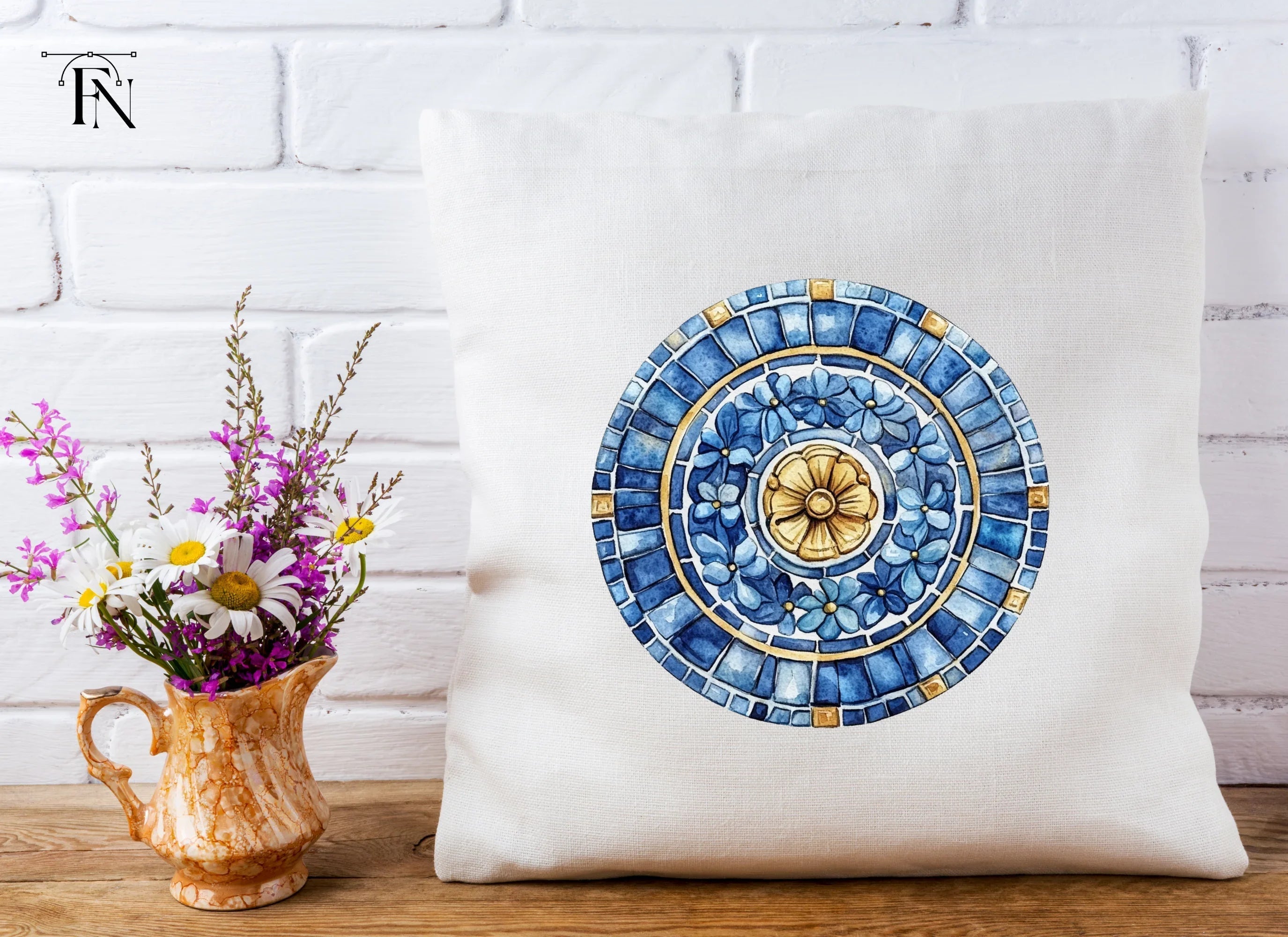 Blue Floral Mosaic Tile Clipart Bundle