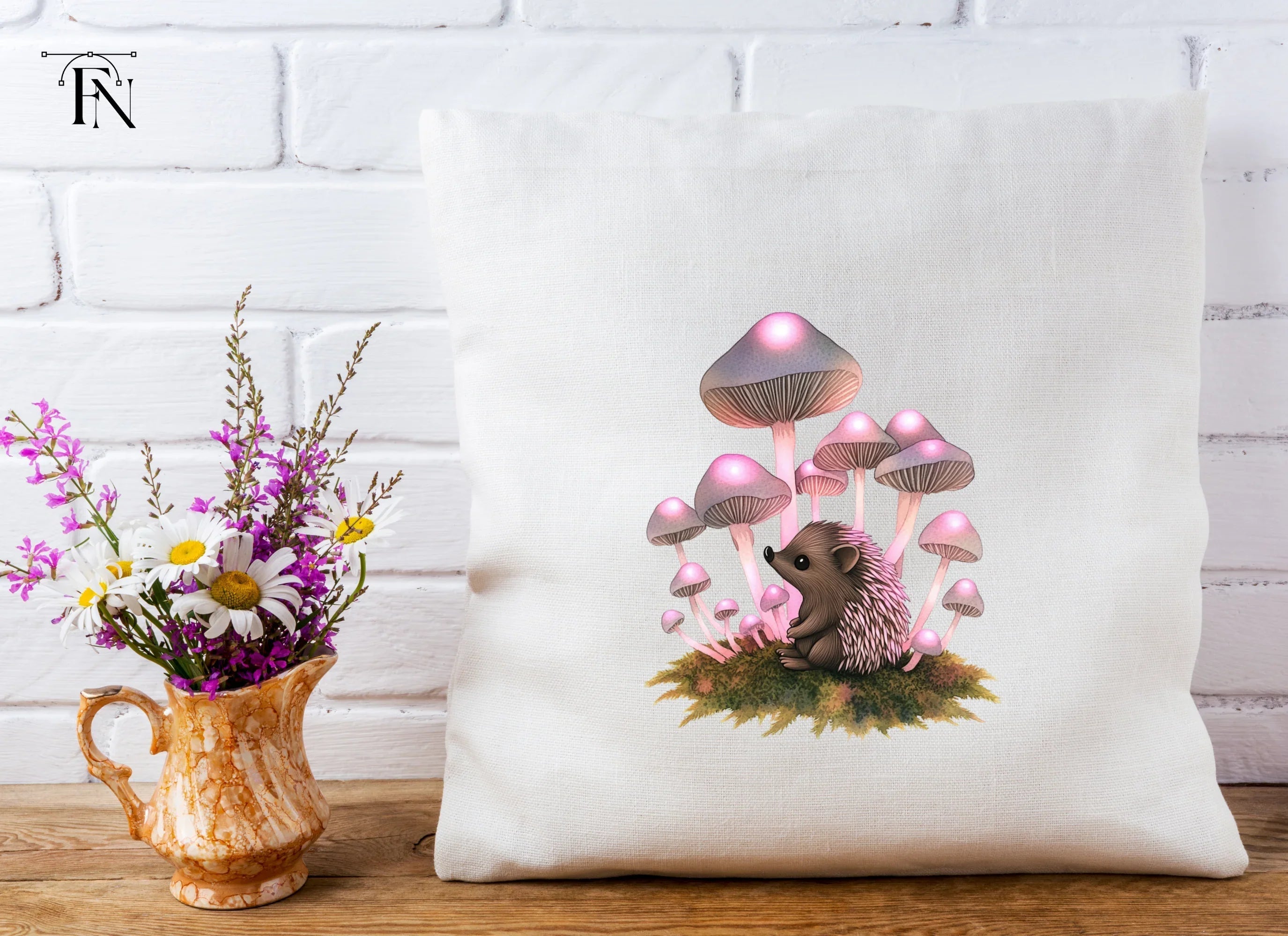 Fantasy Hedgehogs with Pink Mushrooms Clipart Bundle