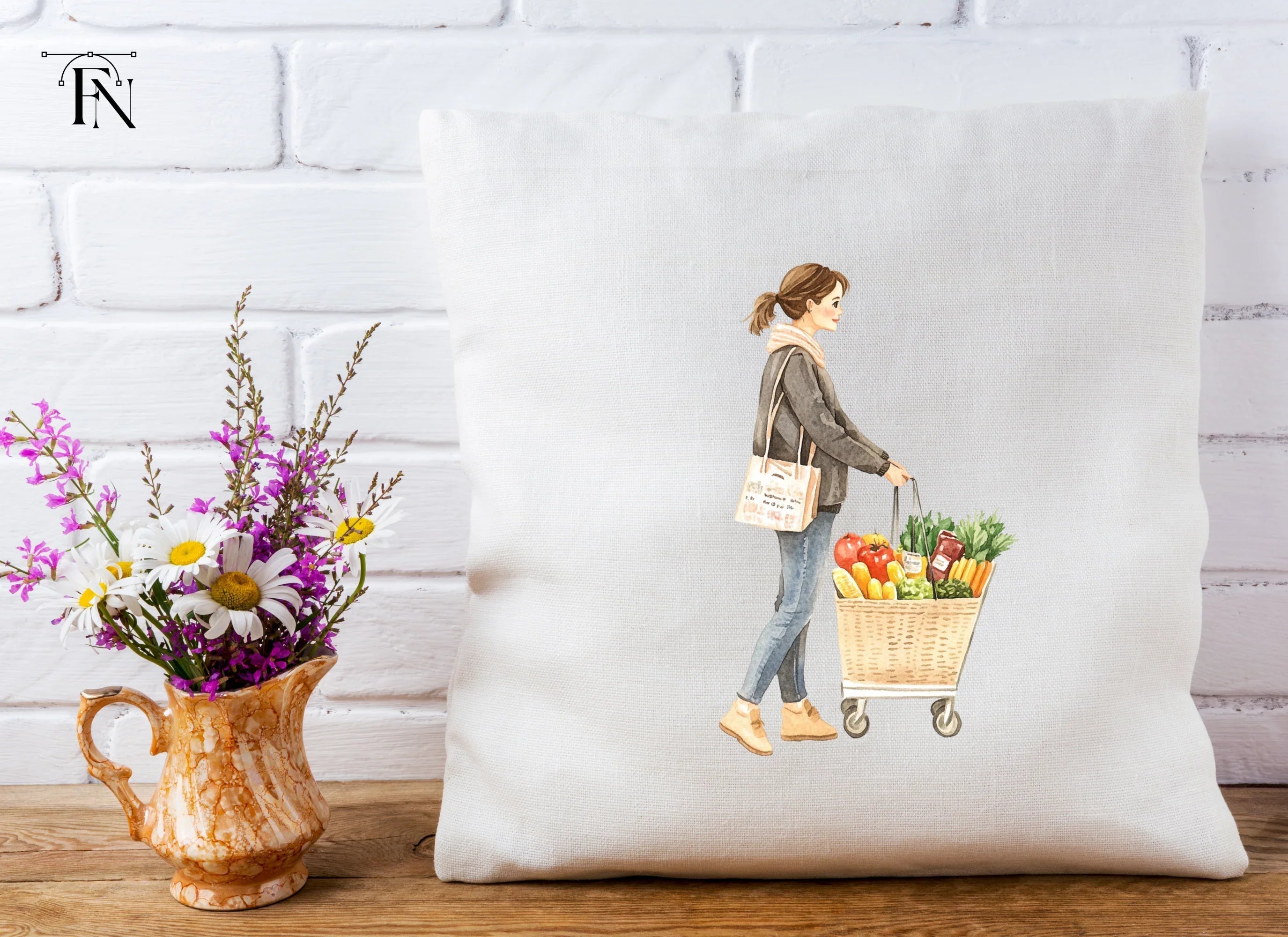Woman Shopping with Grocery Cart Clipart Bundle