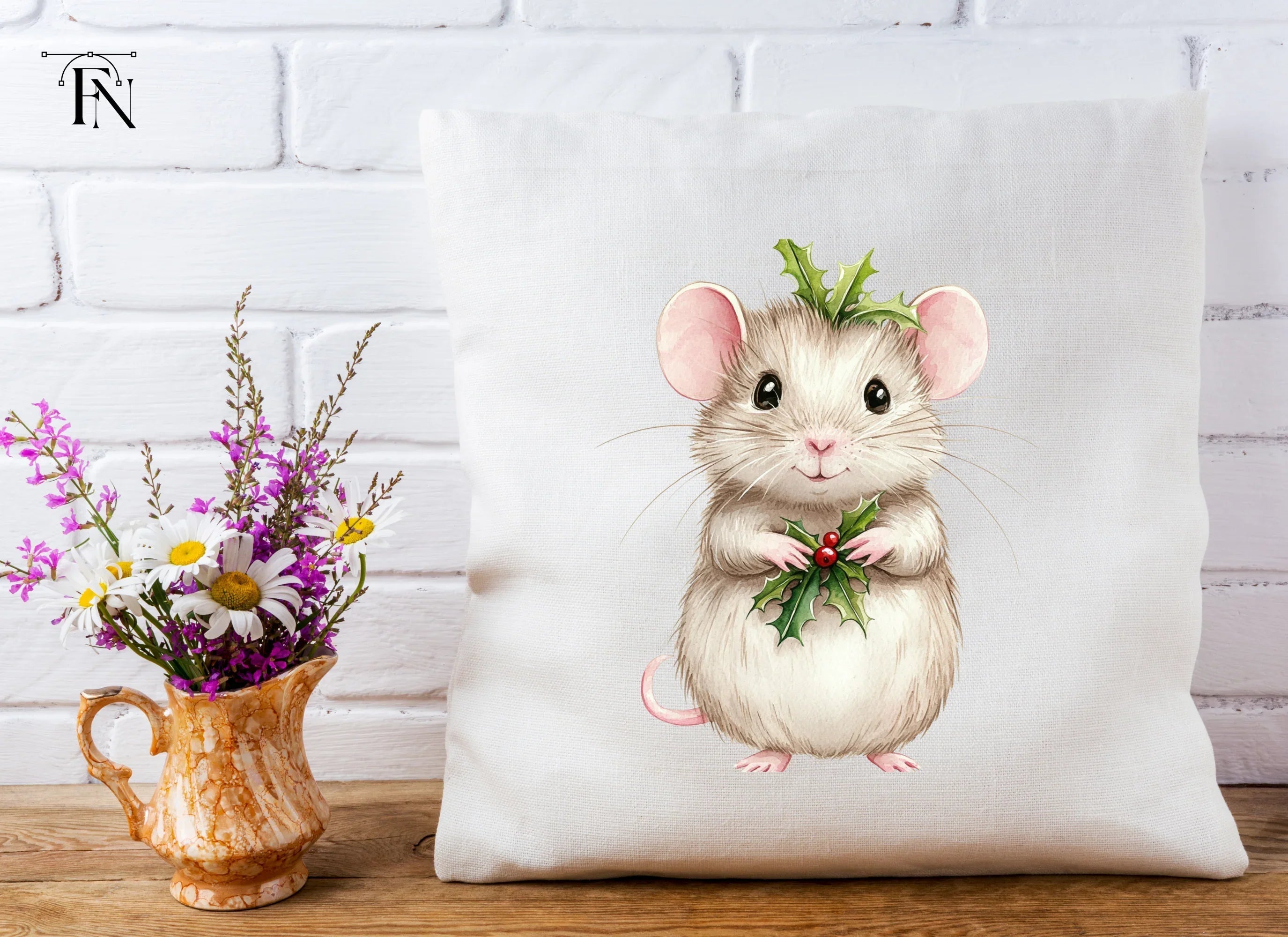 Cute Christmas Mouse with Holly Clipart Bundle