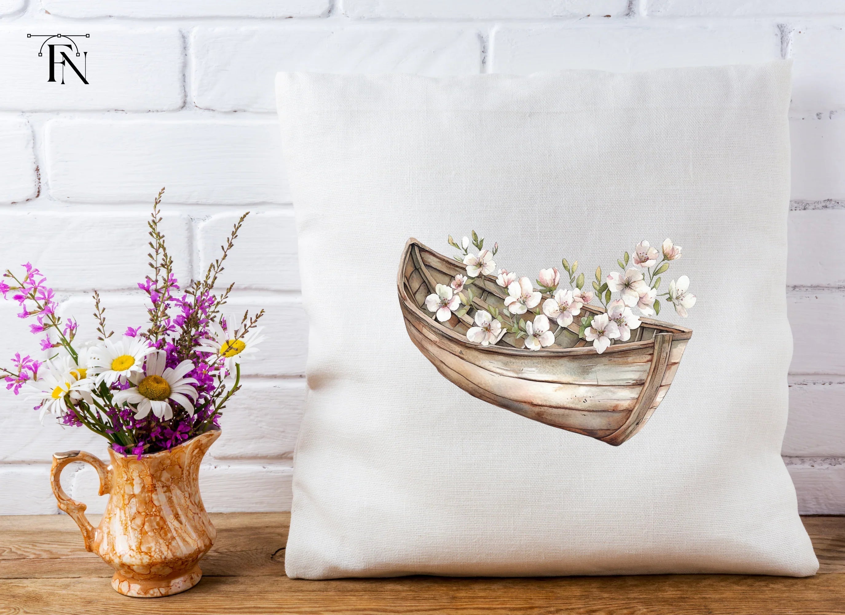 Small Wooden Boat with Pink Flowers Clipart Bundle