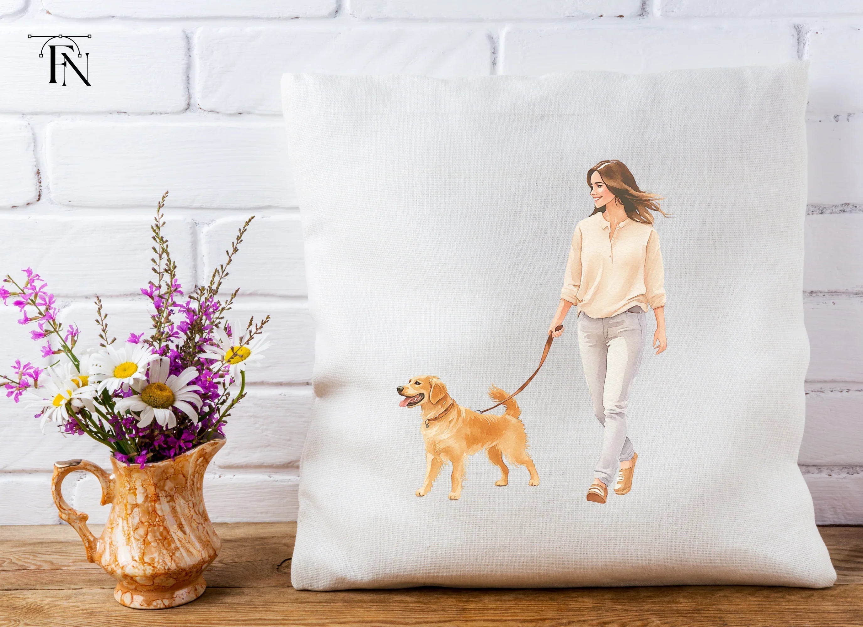 Happy Woman Walking Golden Retriever Clipart Bundle