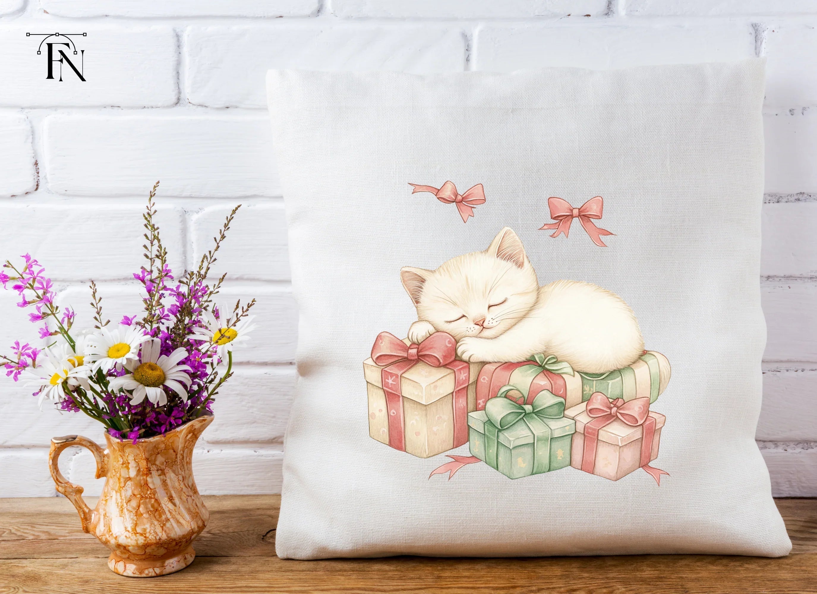 White Kitten Sleeping on Pink Gifts Clipart Bundle