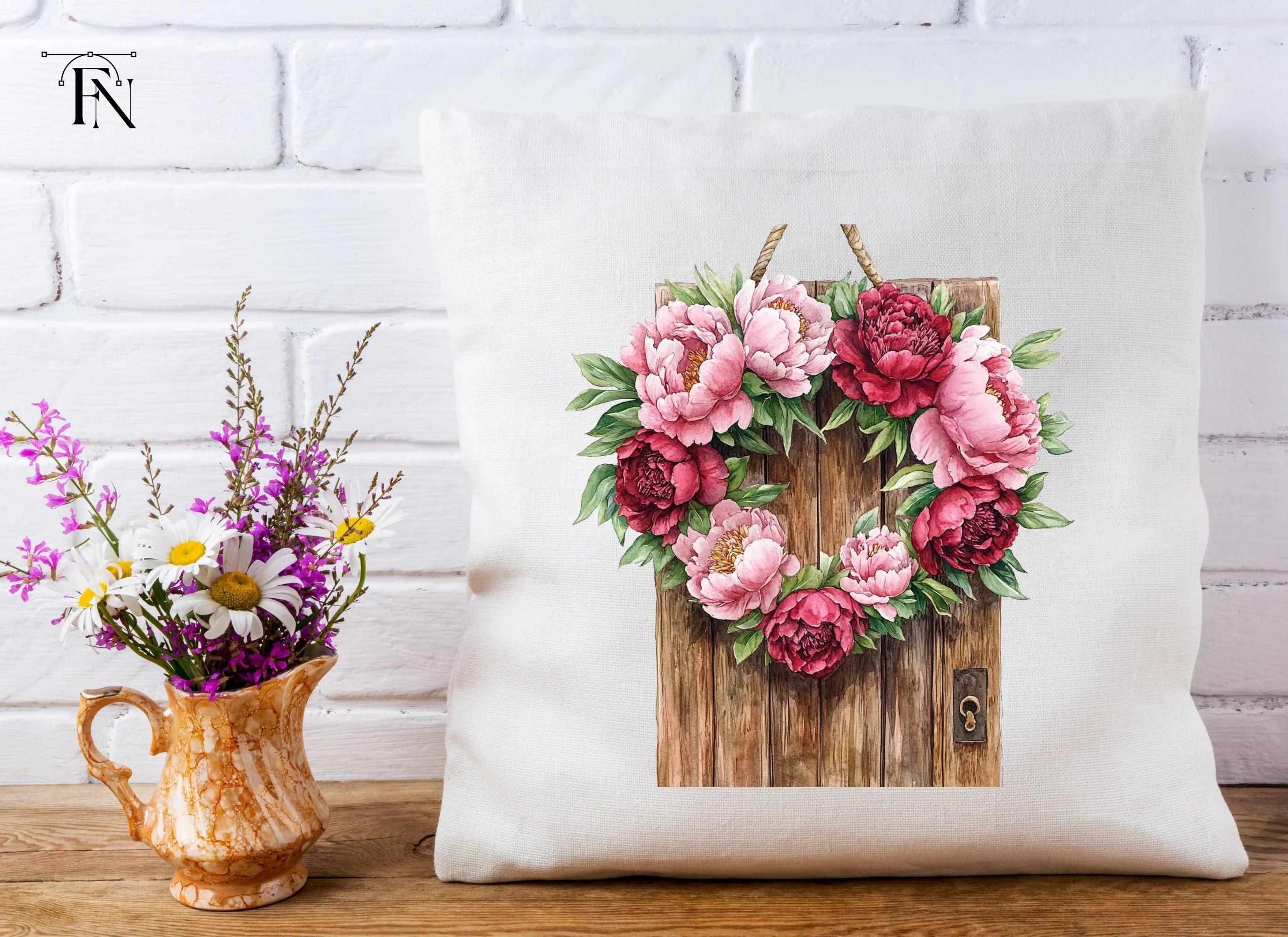 Peony Wreath and Wooden Door Clipart Bundle