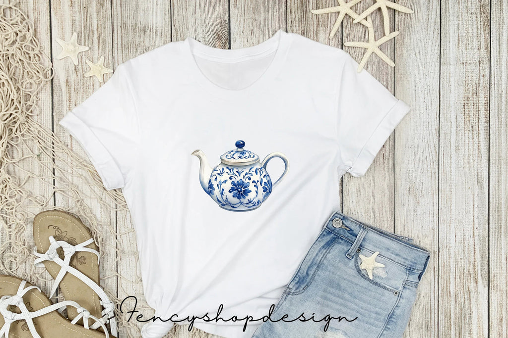 Blue White Floral Teapot Clipart Bundle