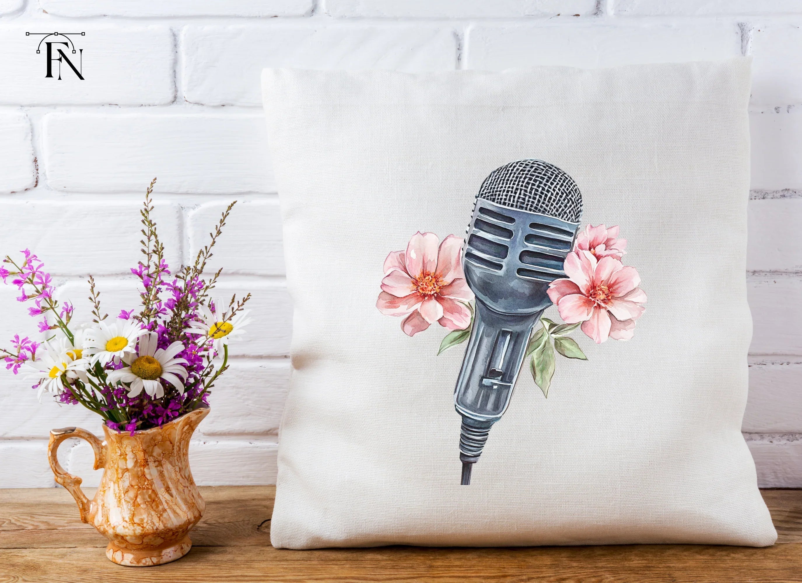 Vintage Microphone with Pink Flowers Clipart Bundle
