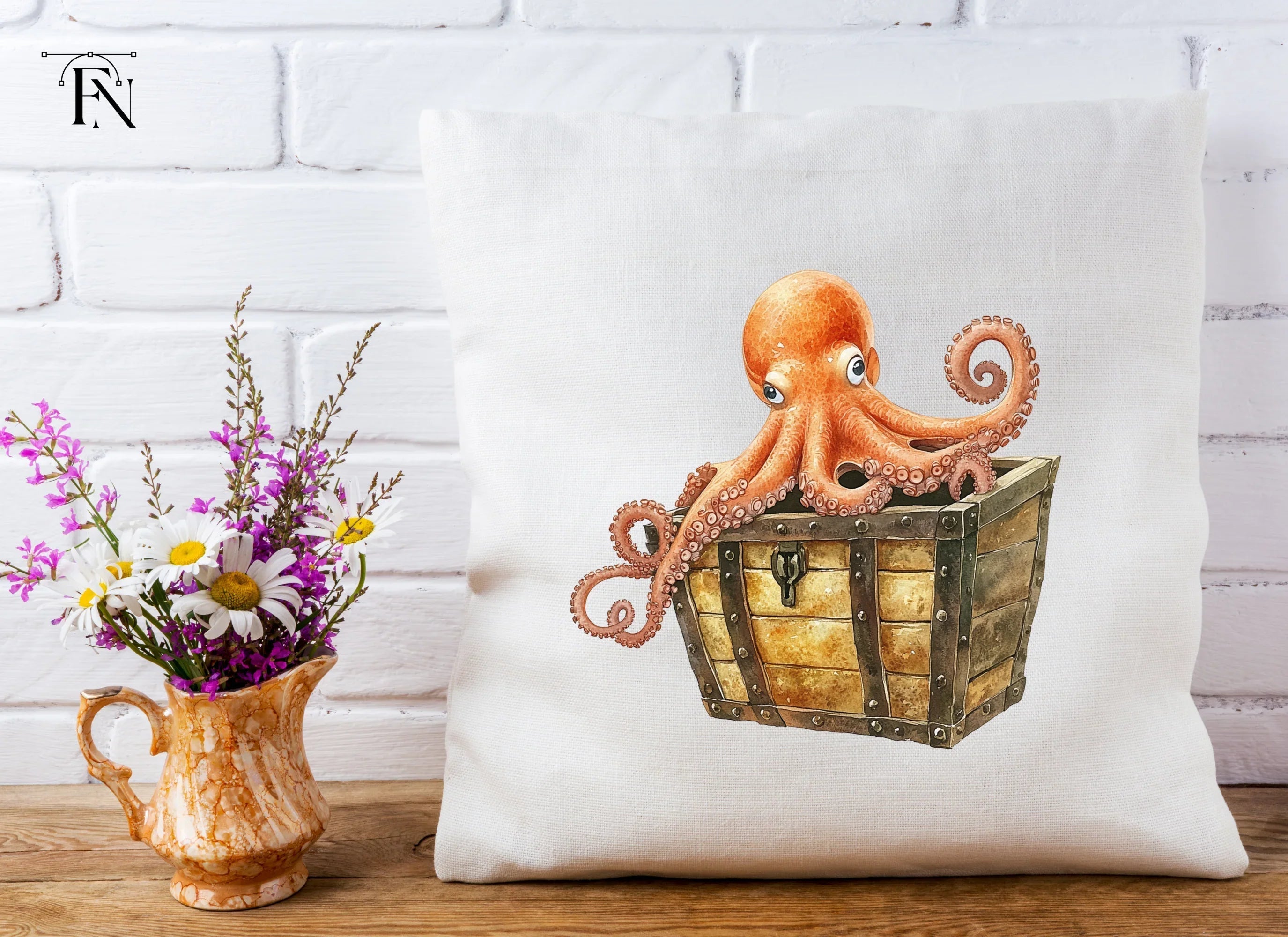 Cute Octopus in Treasure Chest Clipart Bundle