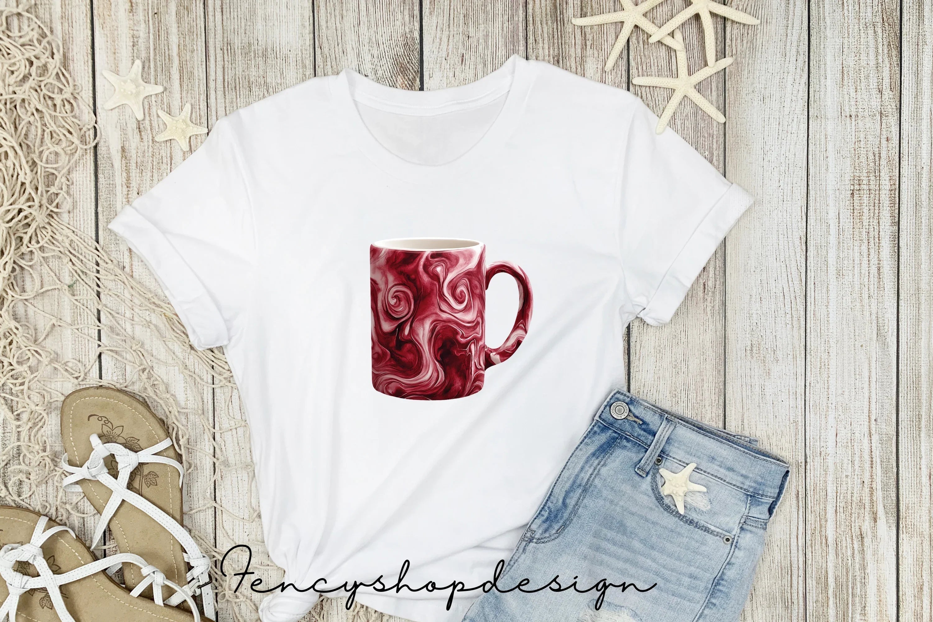 Red Marble Swirl Textured Mugs Clipart Bundle