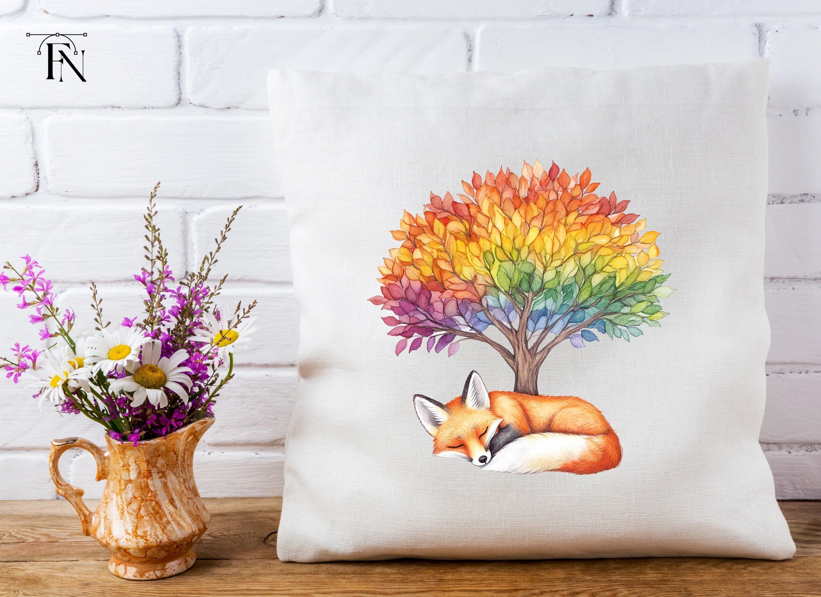 Sleeping Fox Under Rainbow Tree Clipart Bundle