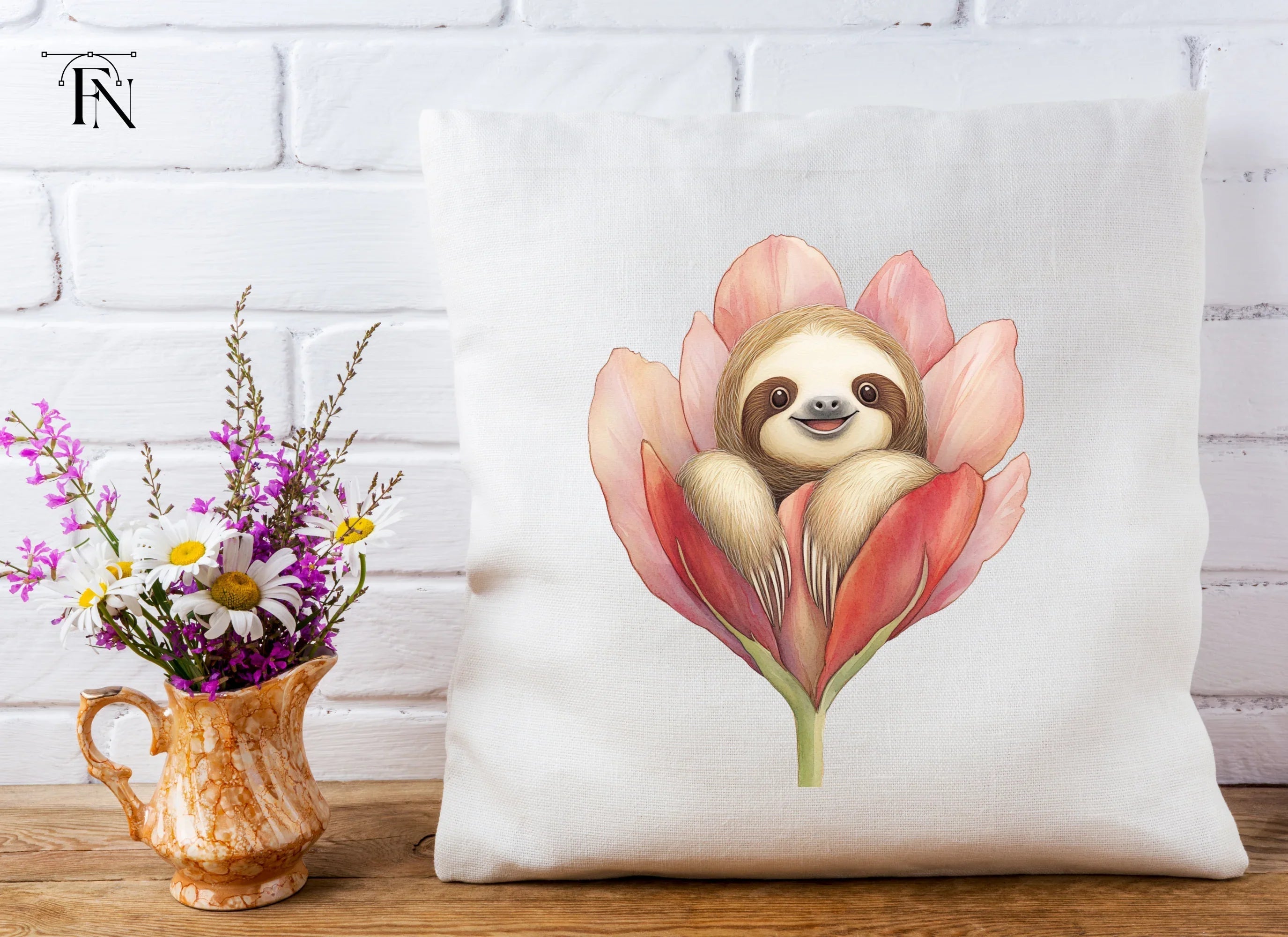 Baby Sloths in Pink Flowers Clipart Bundle