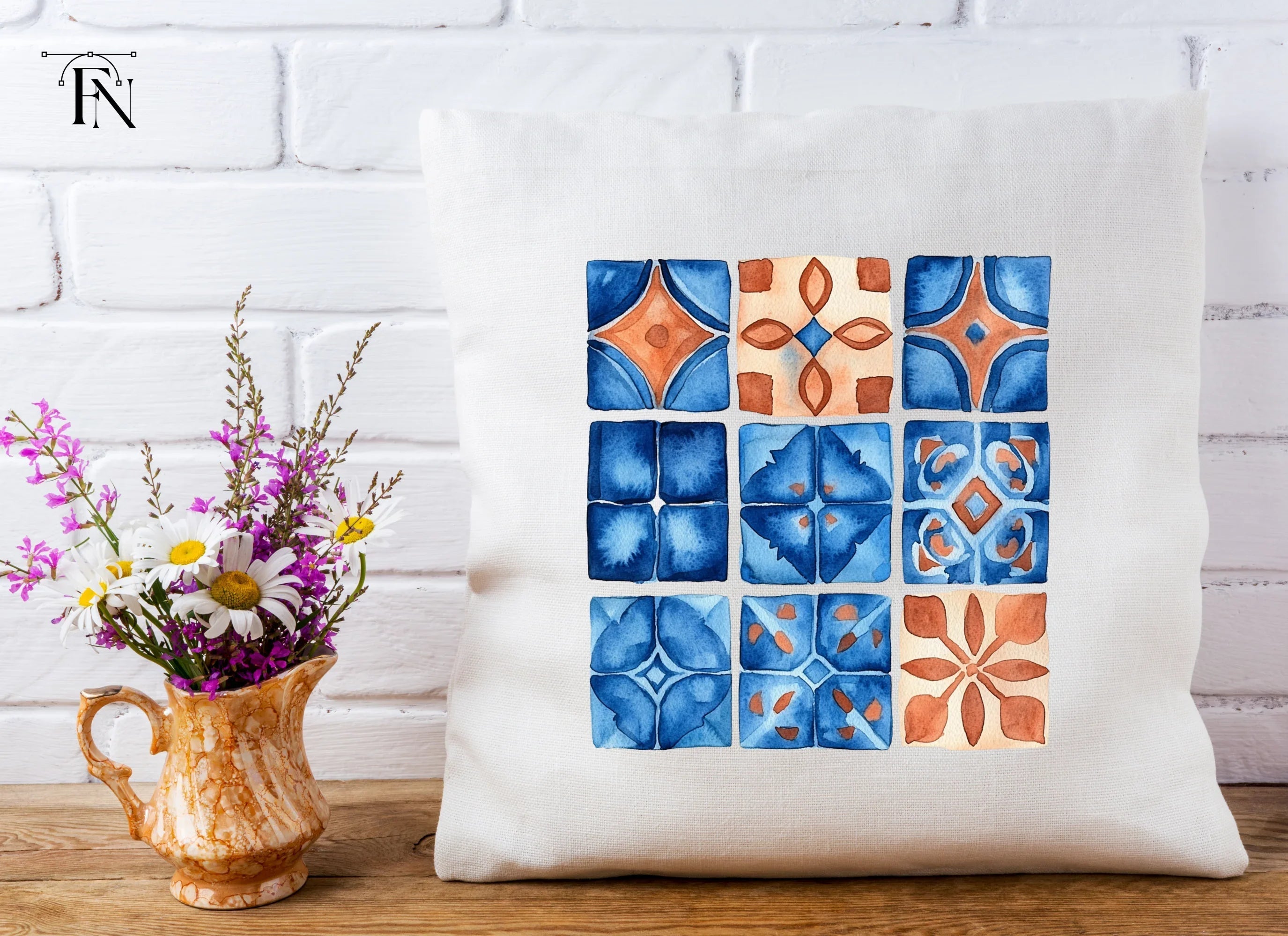 Blue and Orange Tile Patterns Clipart Bundle
