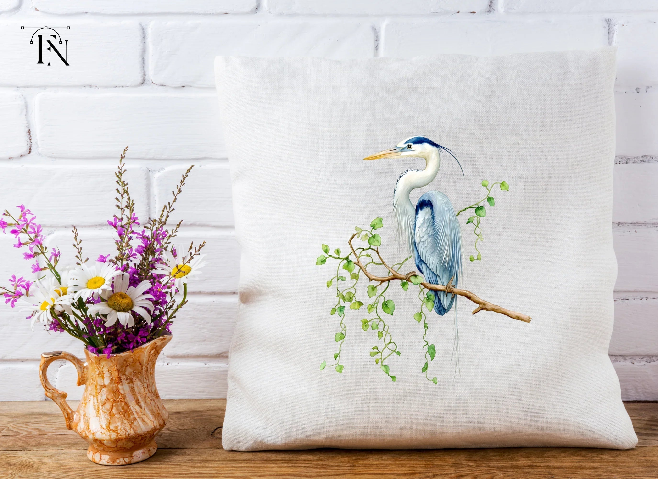 Heron on Branch with Green Leaves Clipart Bundle