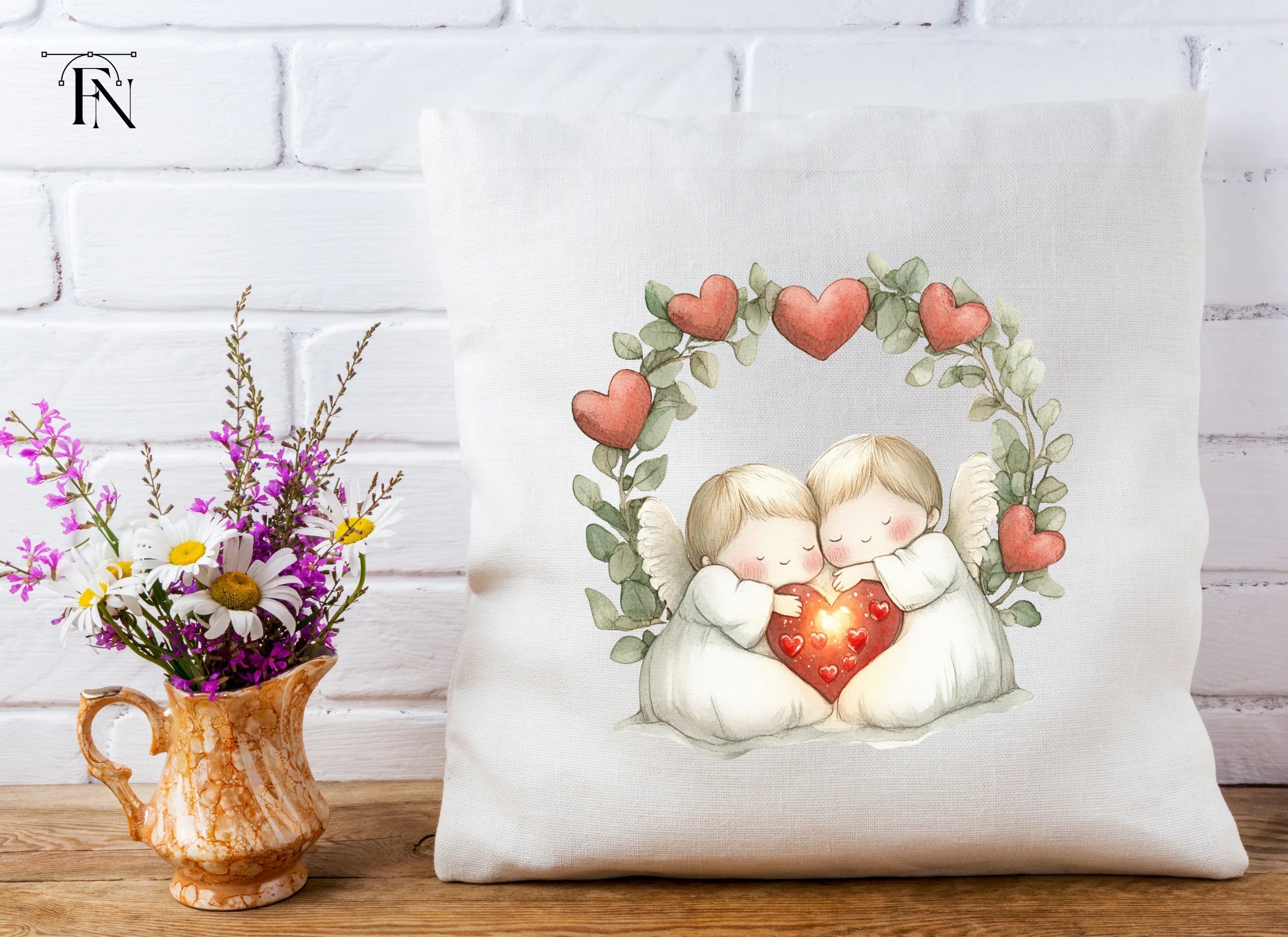 Cute Angel Couple with Heart Wreath Clipart Bundle