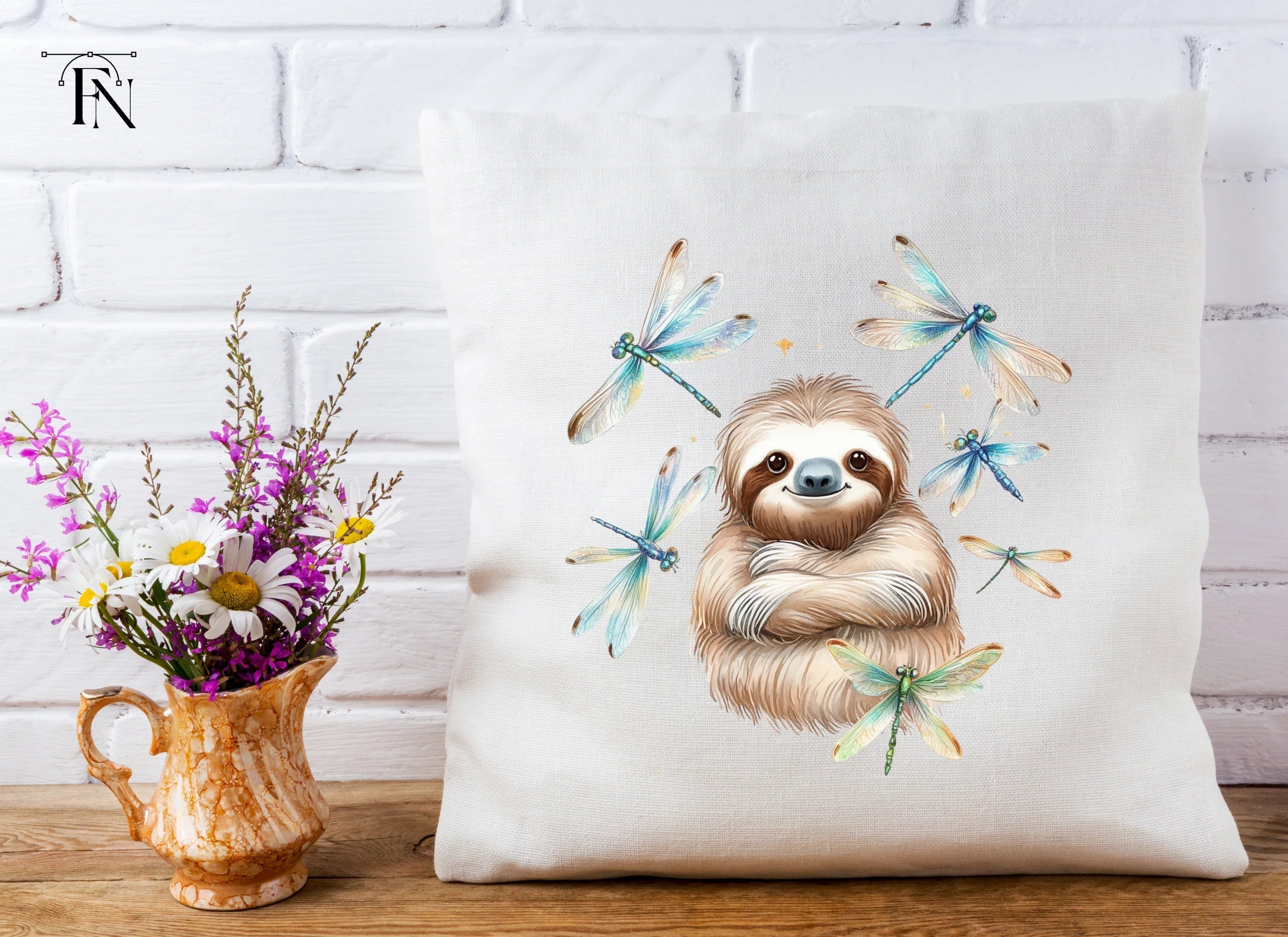 Happy Sloth with Dragonflies Clipart Bundle