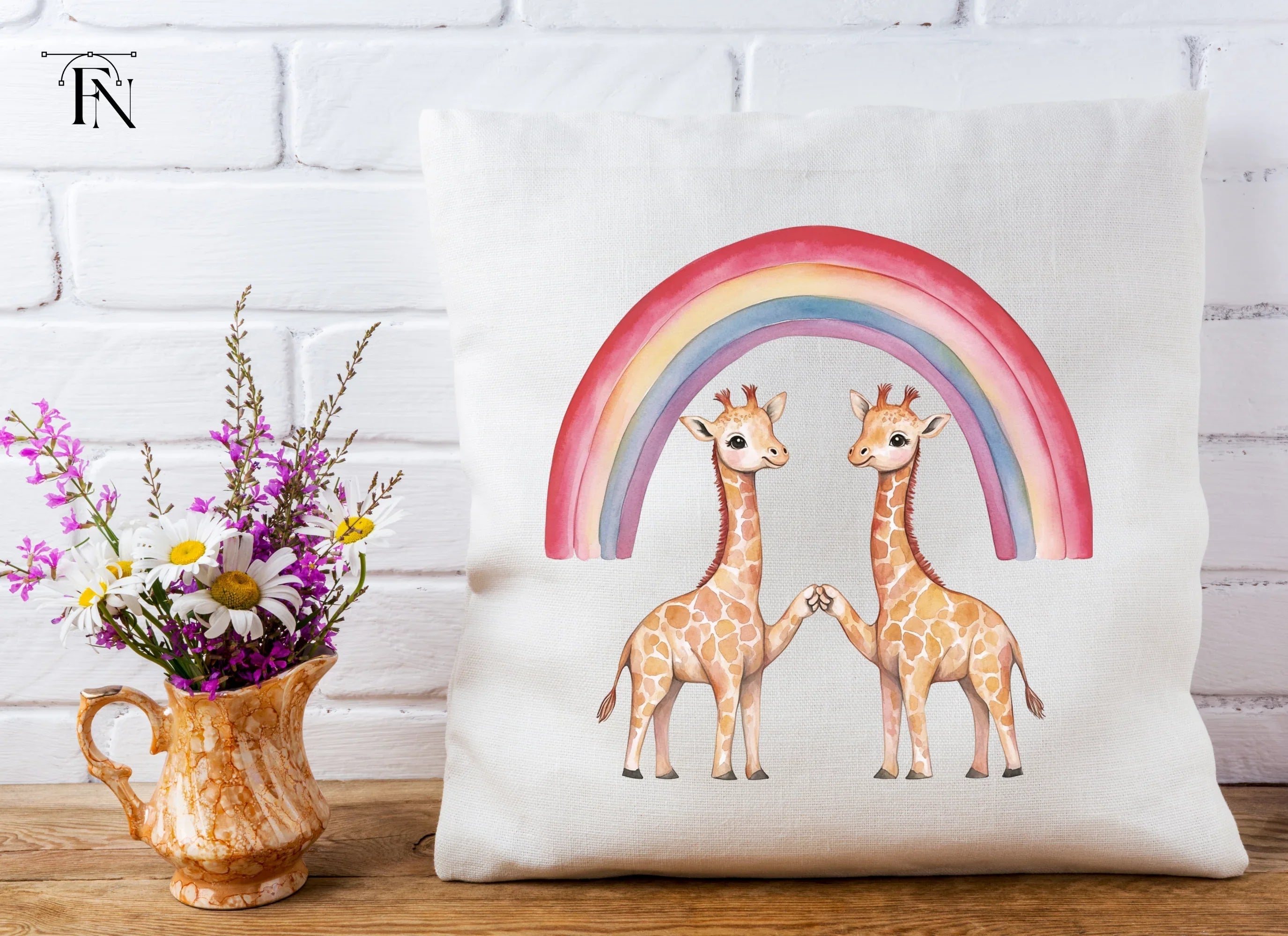 Cute Giraffes Under Rainbow Clipart Bundle