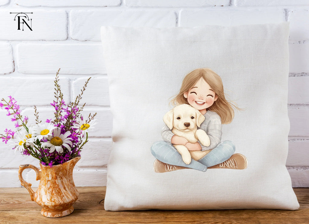 Happy Girl Cuddling Puppy Clipart Bundle