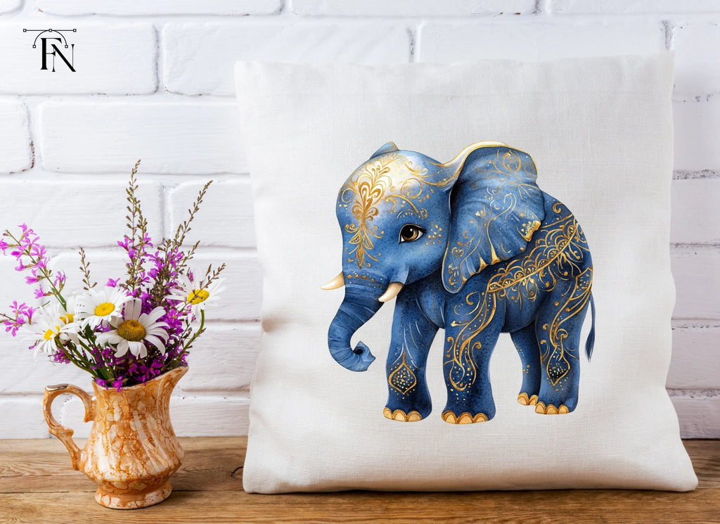 Blue Elephant with Golden Ornaments Clipart Bundle