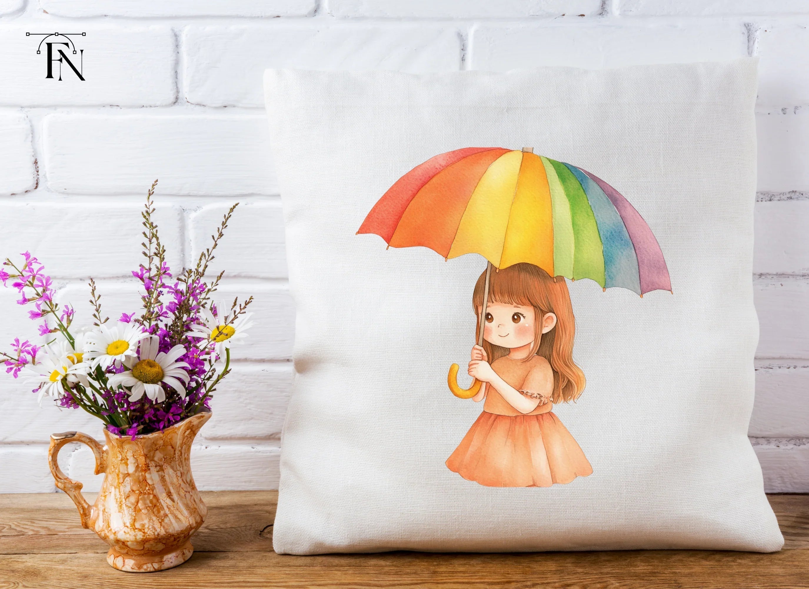 Cute Girl with Rainbow Umbrella Clipart Bundle