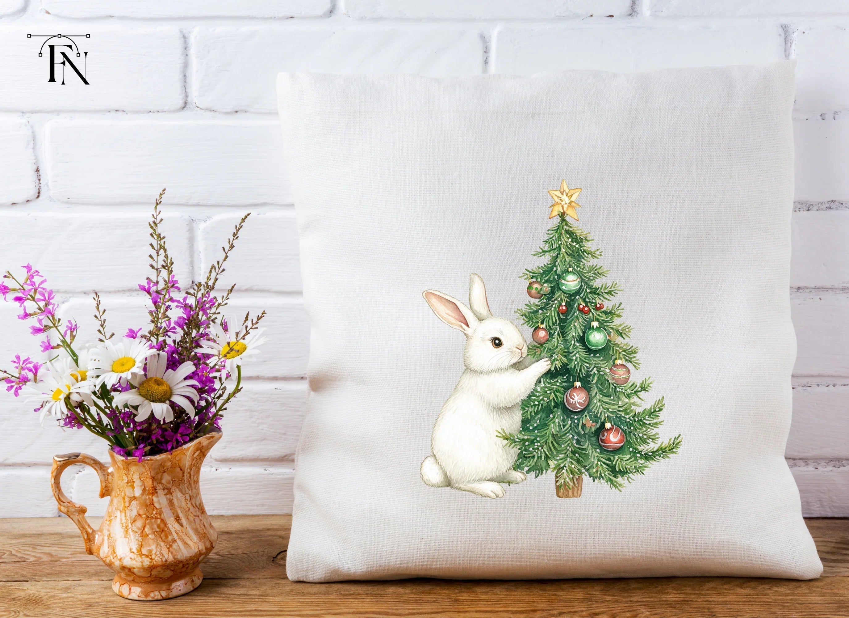 White Bunnies Decorating Christmas Tree Clipart Bundle