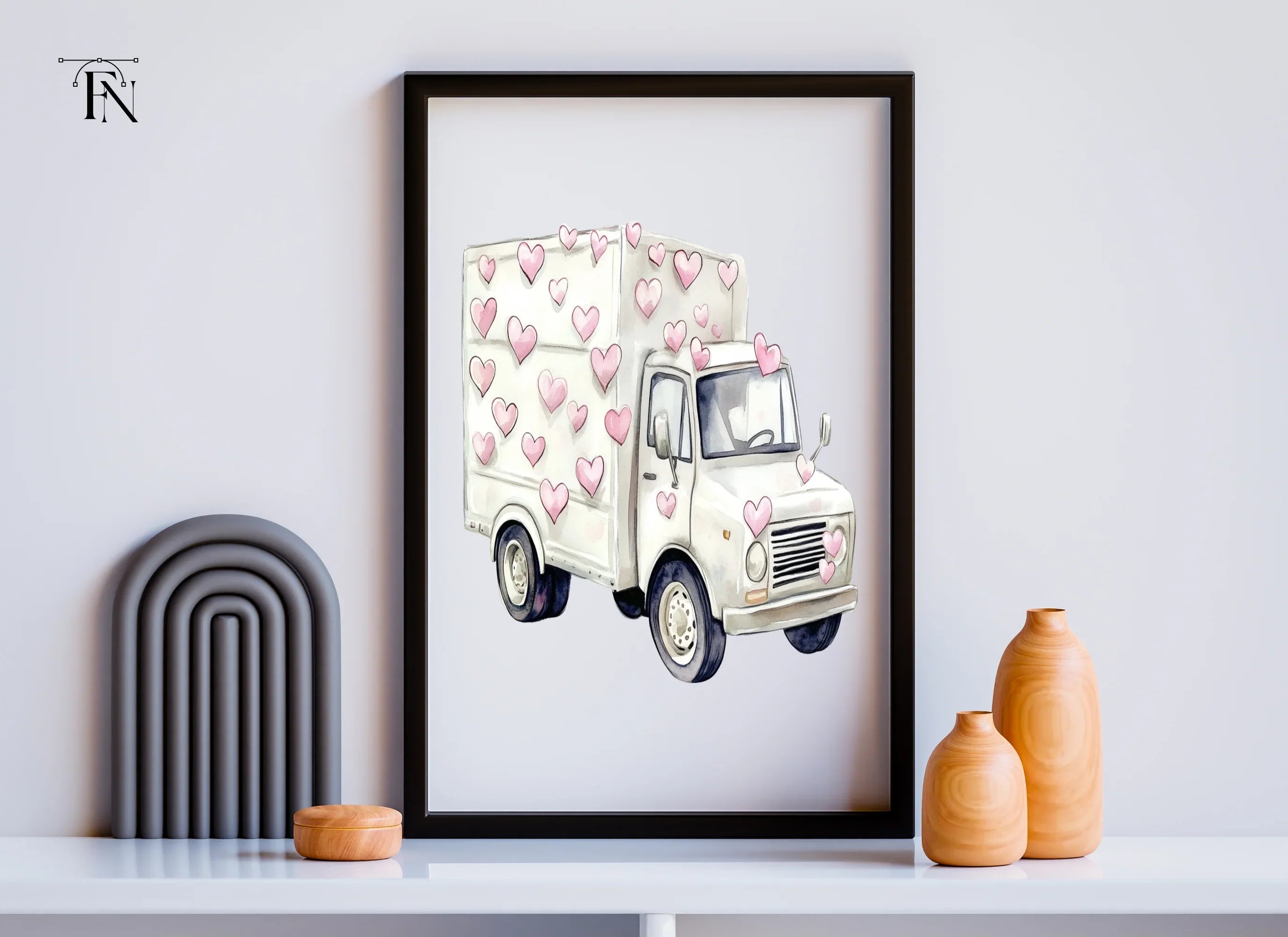 White Valentine Trucks with Heart Garlands Clipart Bundle