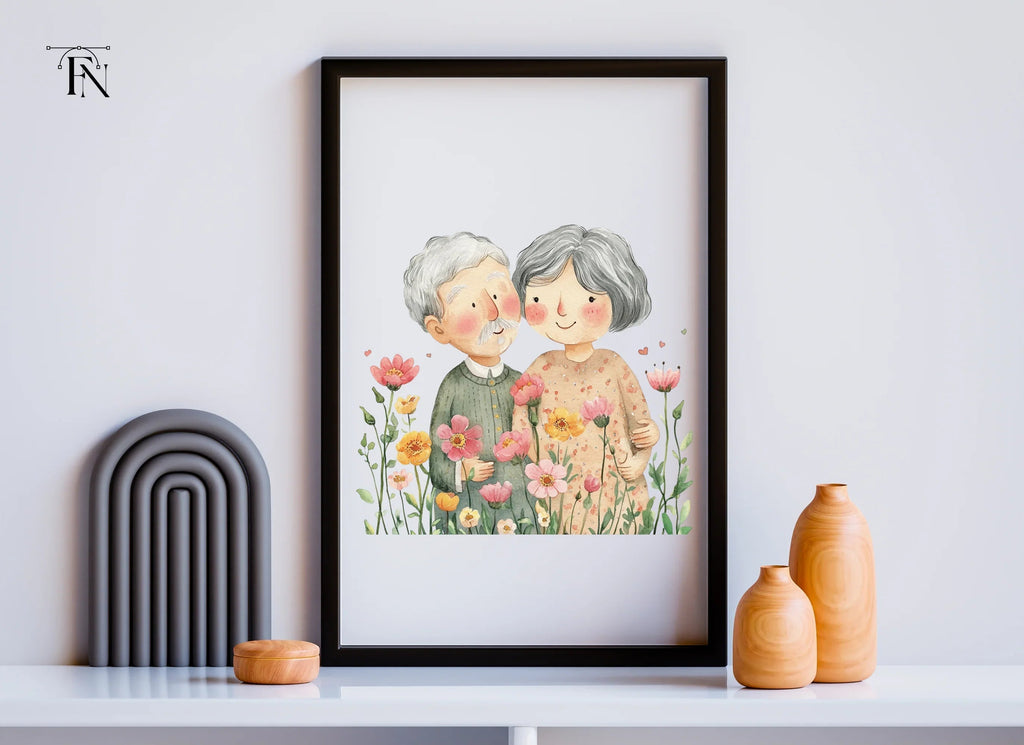 Cute Elderly Couple in Flower Garden Clipart Bundle
