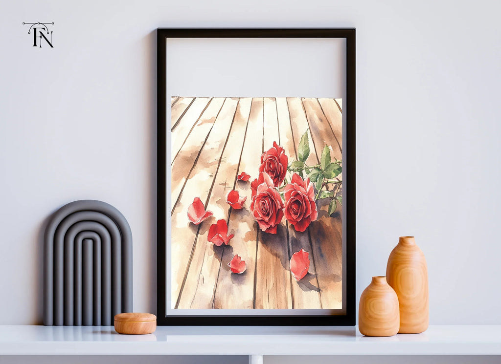 Red Roses and Petals on Wood Clipart Bundle