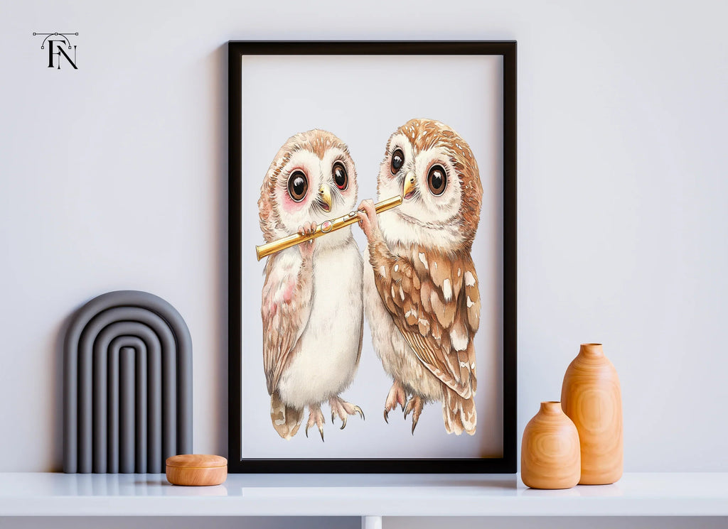 Cute Owls Playing Flute Clipart Bundle