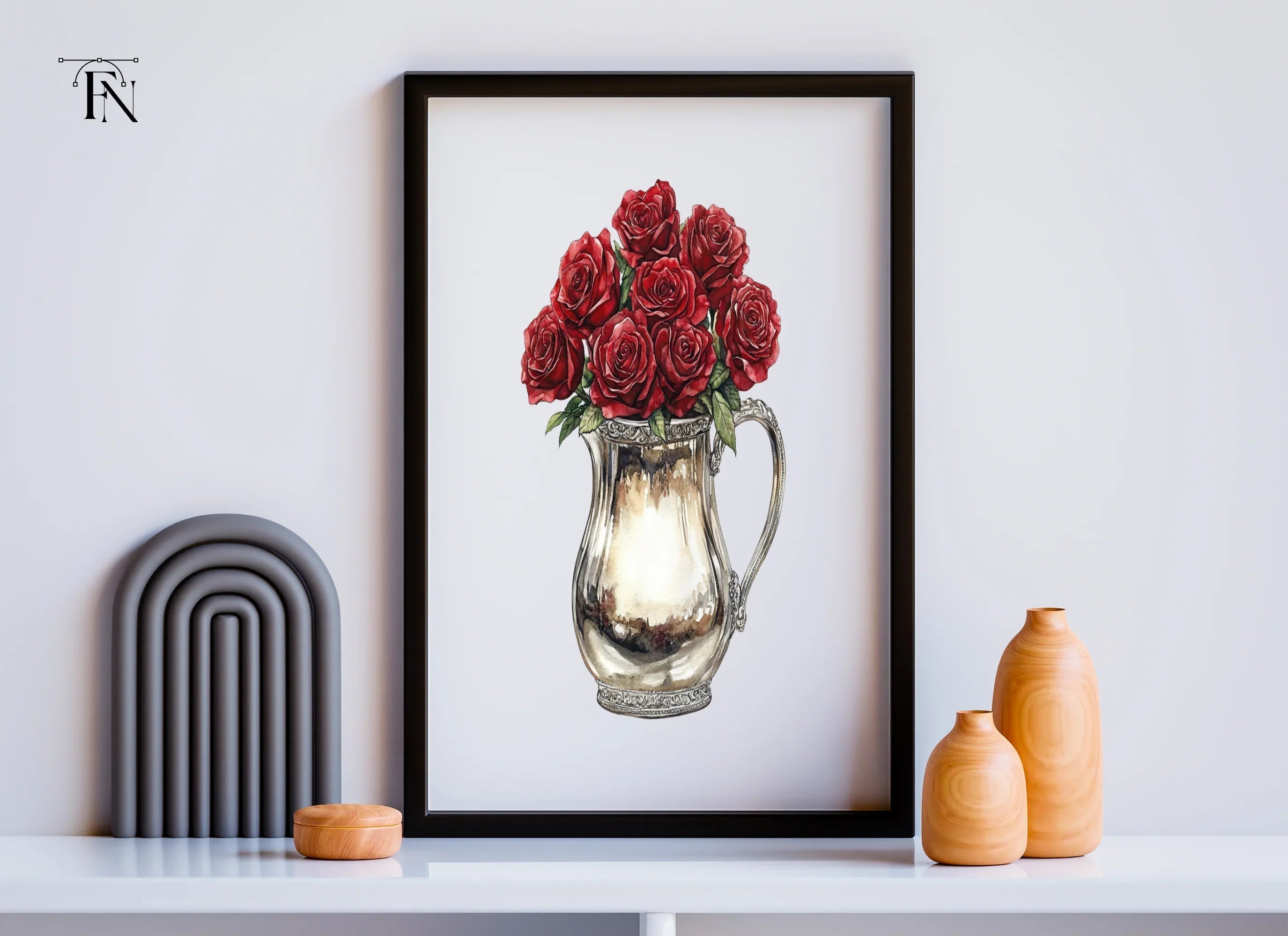 Red Roses in Silver Pitcher Clipart Bundle