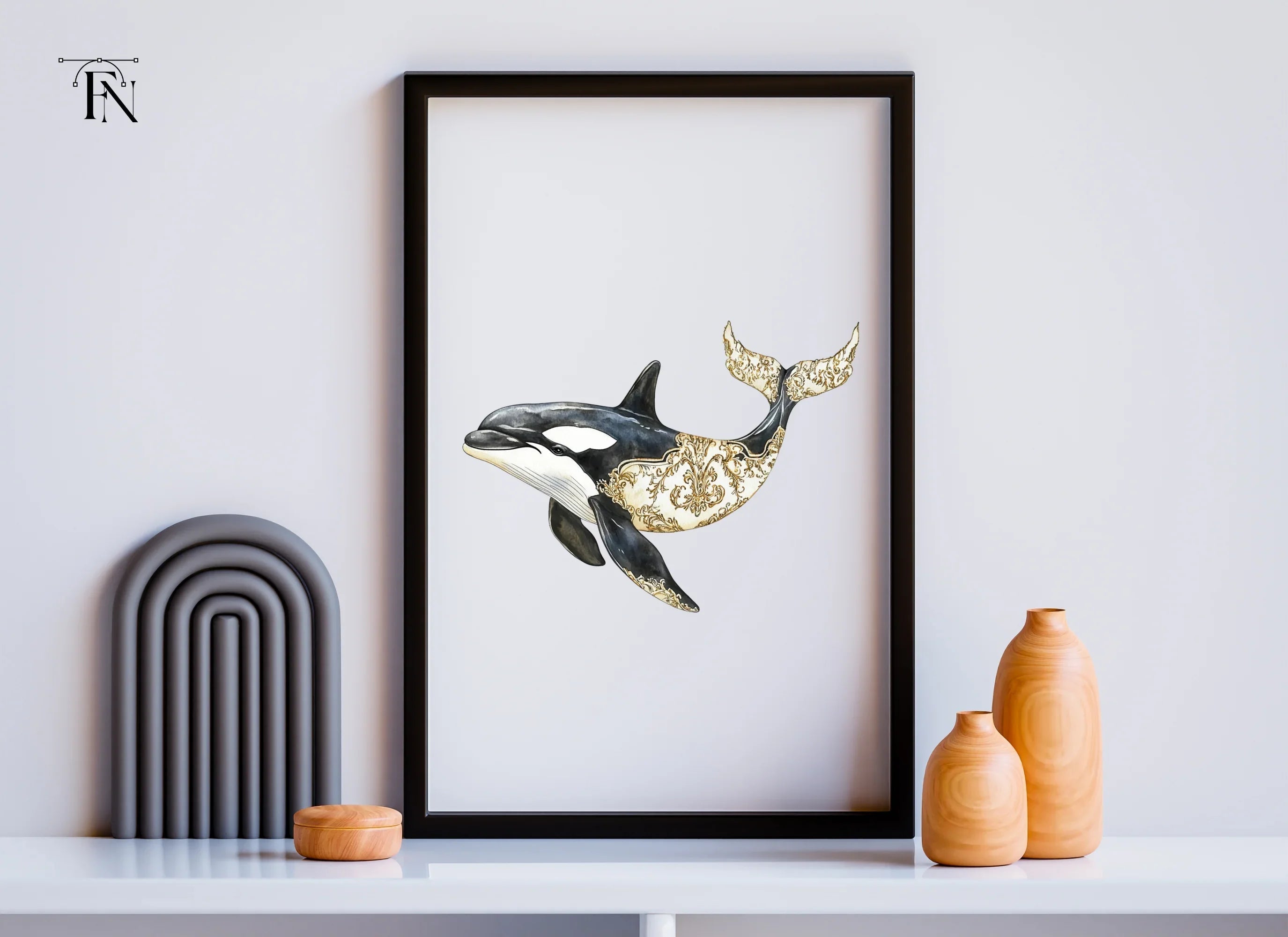 Ornate Gold and Black Orca Whale Clipart Bundle