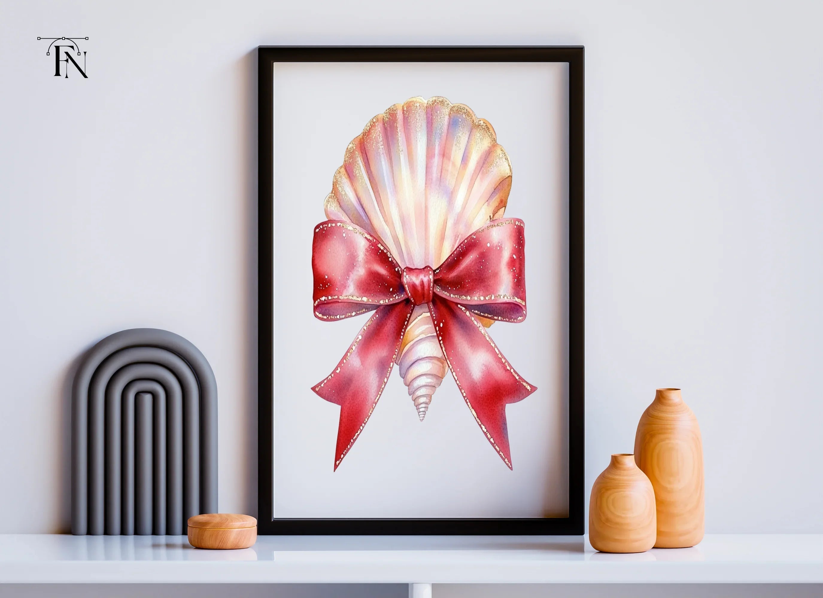 Elegant Seashells with Red Bows Clipart Bundle