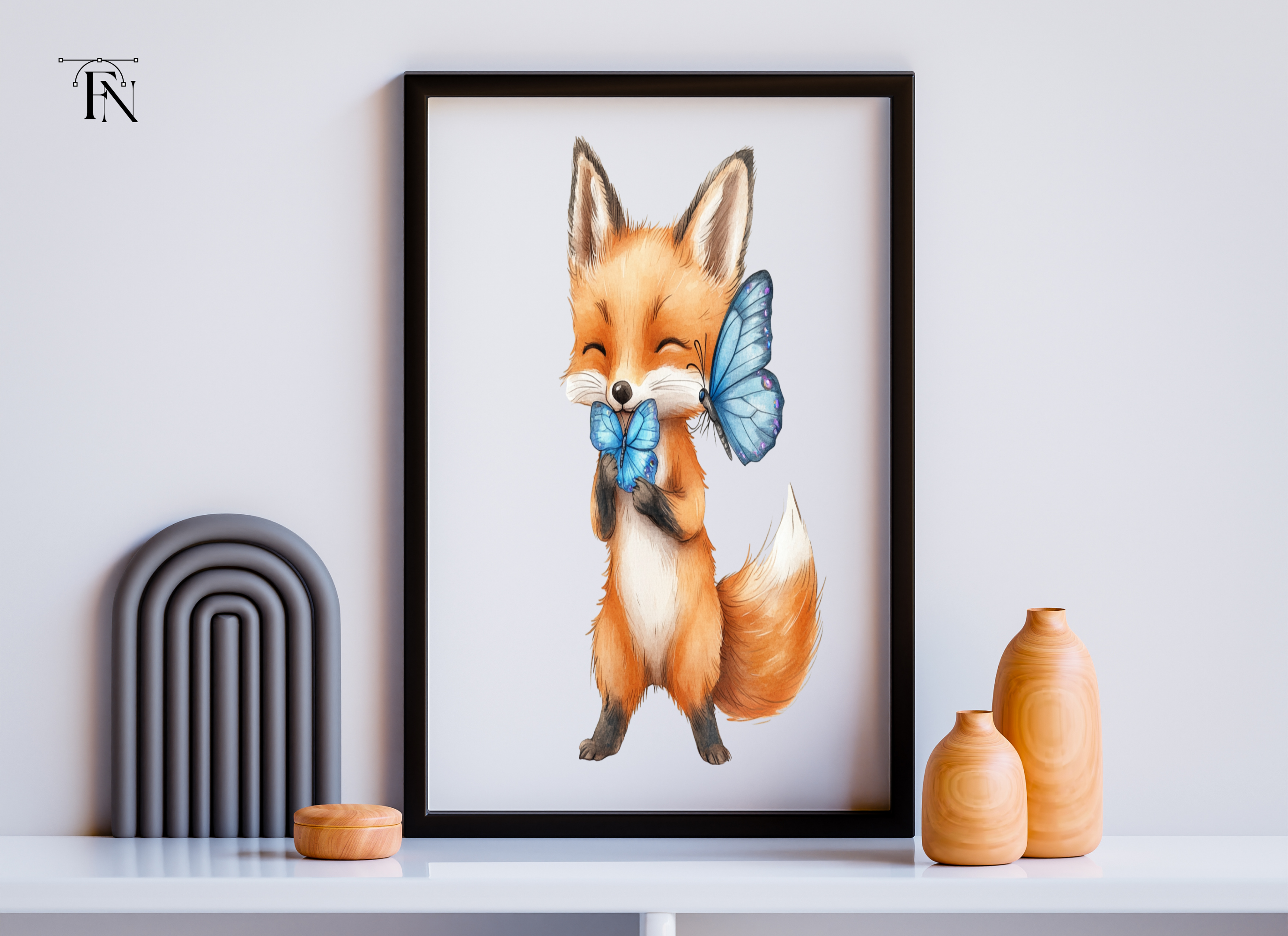 Cute Fox with Blue Butterflies Clipart Bundle