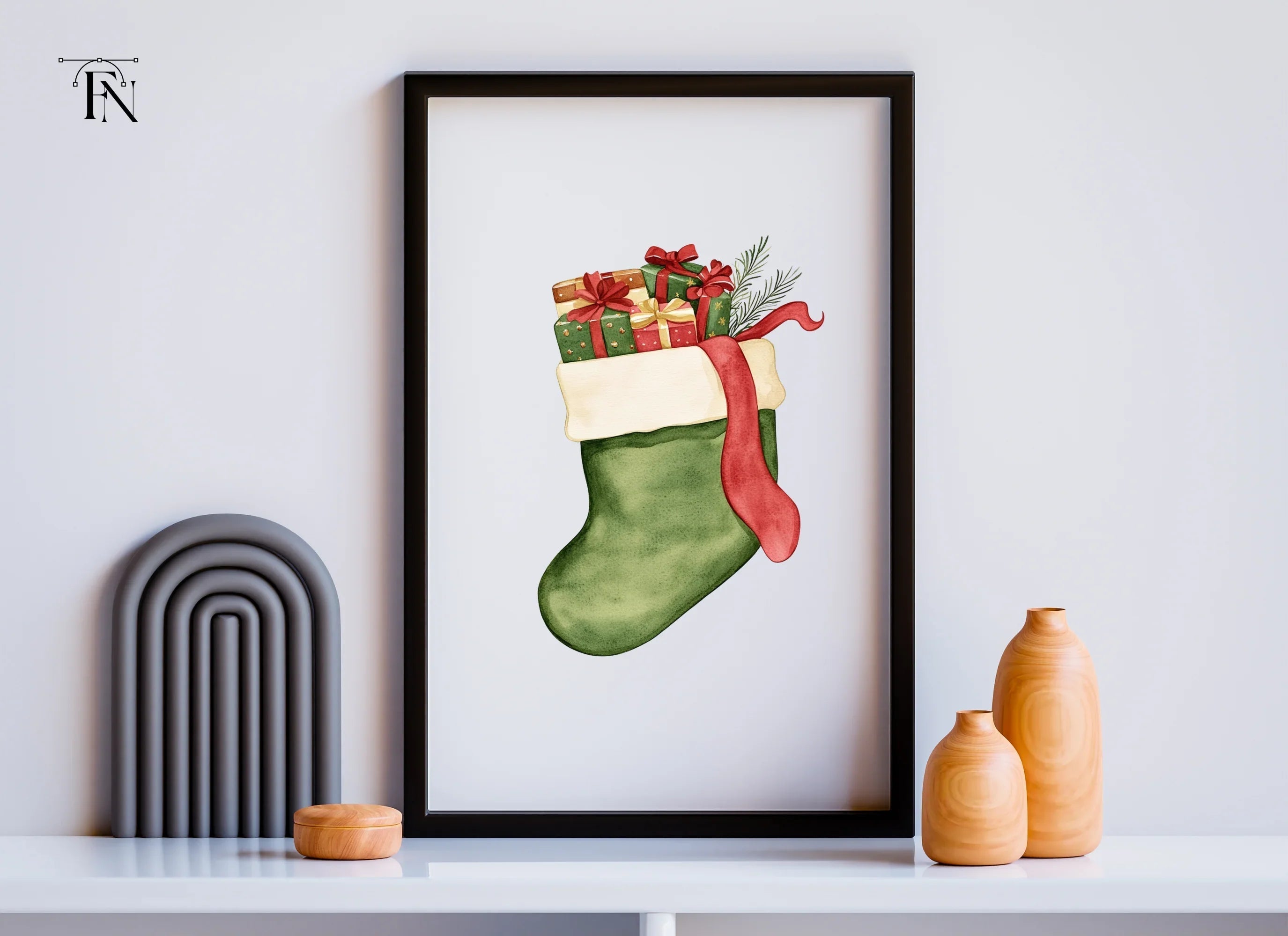 Green Christmas Stockings with Gifts Clipart Bundle